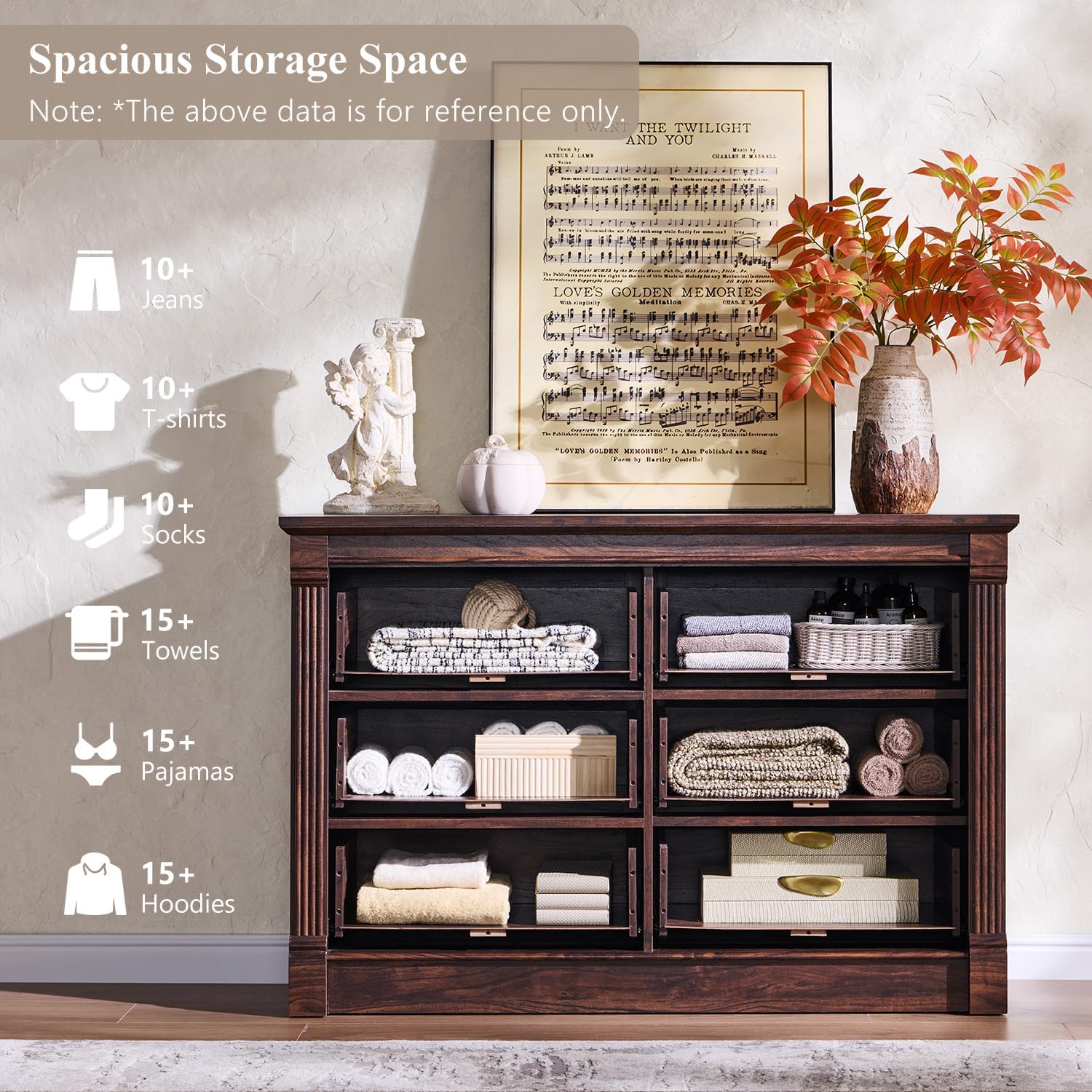Aitjunz Farmhouse 6 Drawer Dressers for Bedroom, 47'' Wide Dresser & Chests of Drawers w/Roman Columns, Horizontal Wooden TV Stand Dresser w/Metal Handle for Bedroom, Hallway, Living Room, Brown thumbnail