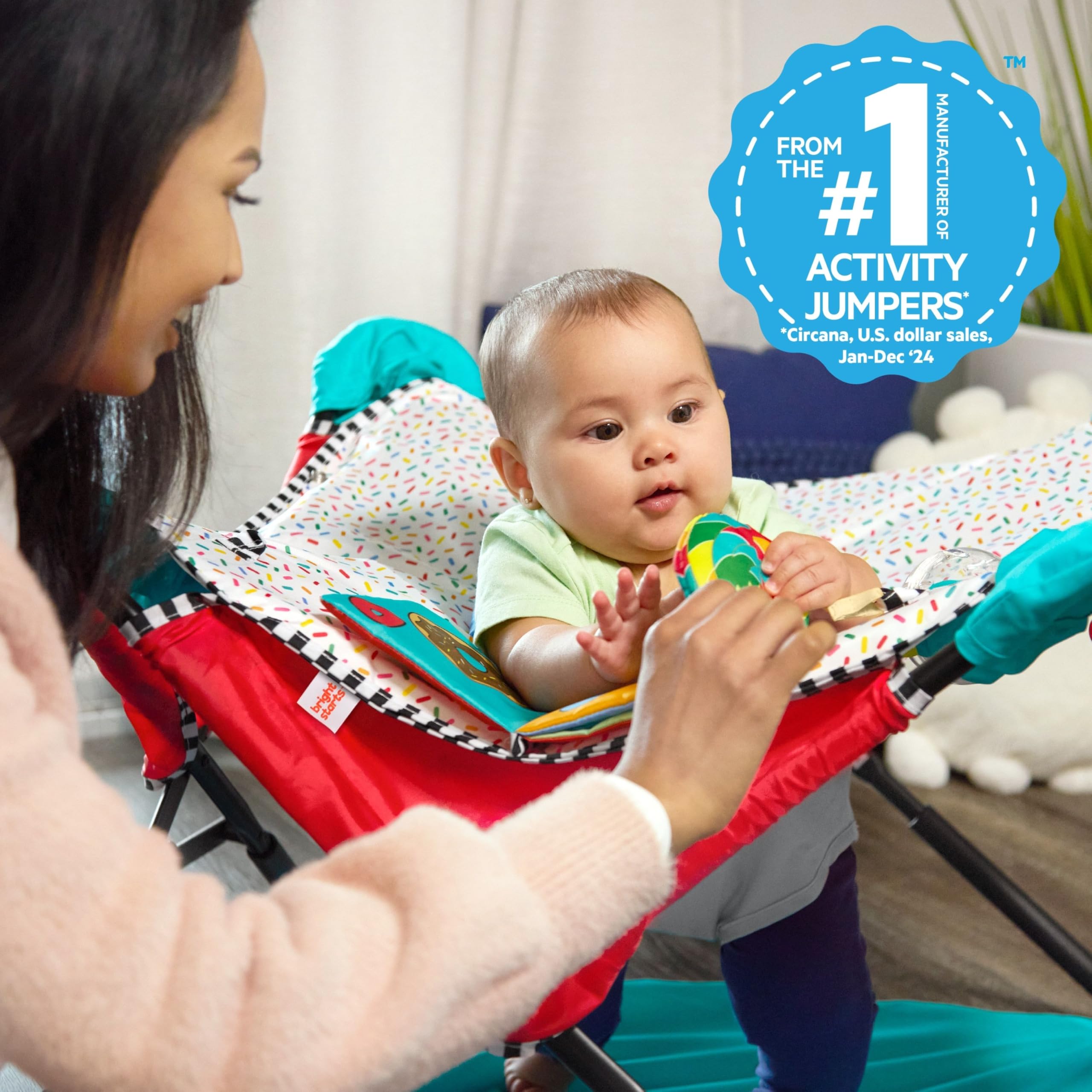 Bright Starts, Saltador Interactivo Portátil Pop 'N Jump, Dulces Golosinas, para Uso en Interiores y Exteriores, Incluye 4 Juguetes Sensoriales, para Bebés de 6 a 12 Meses