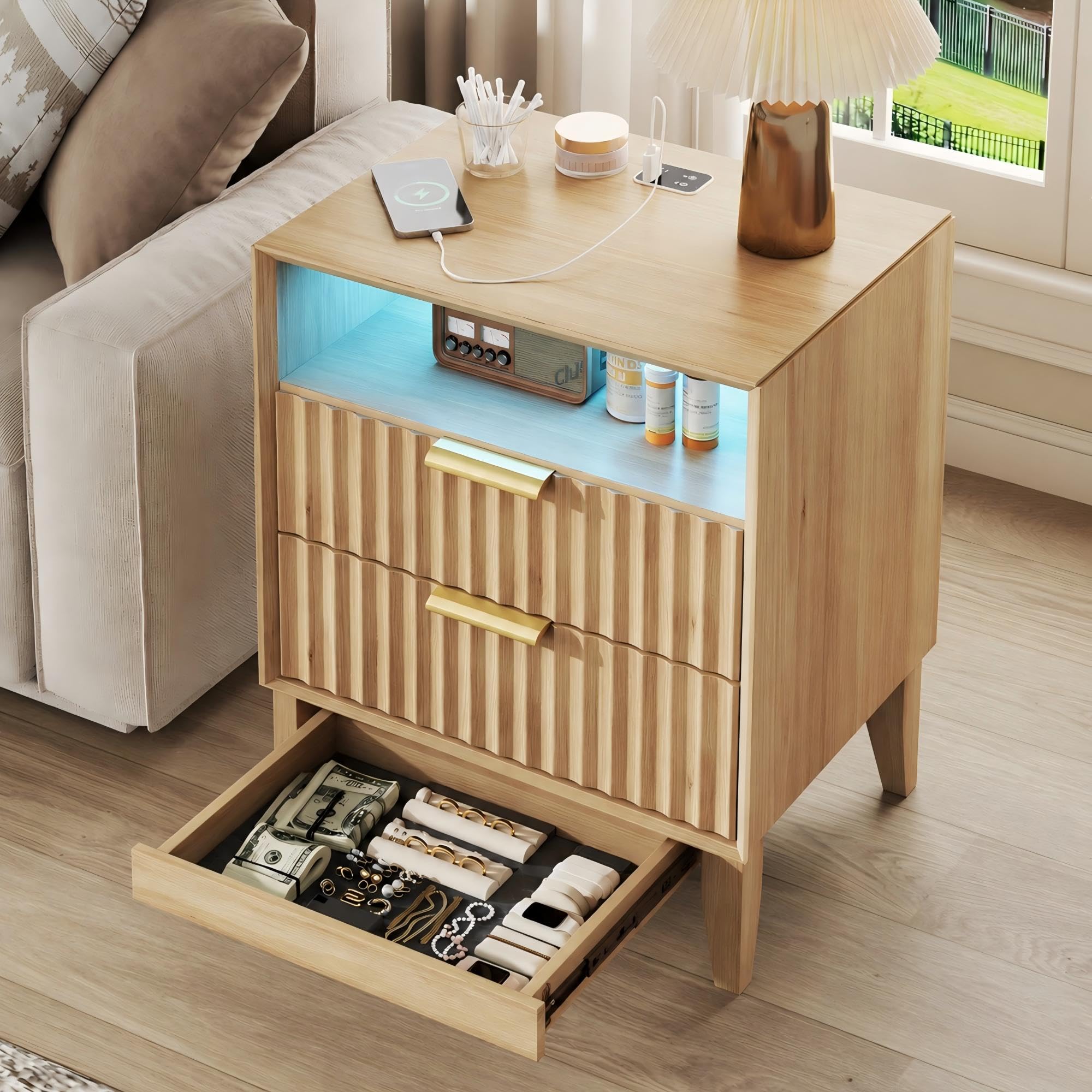 LVSOMT 20“ W Fluted LED Nightstand with Charging Station — RFID Lock