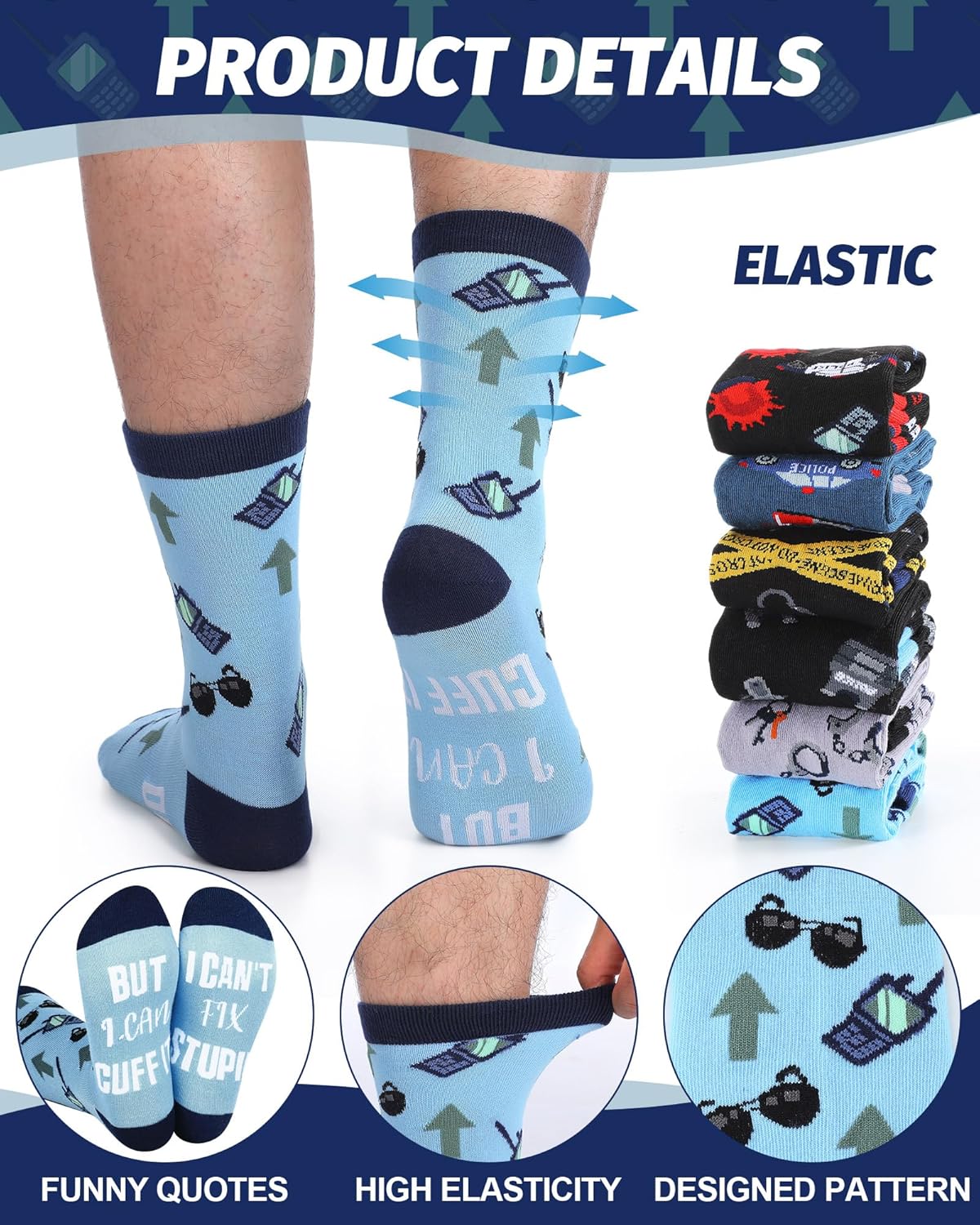 Shihanee 6 Pairs Police Officer Socks for Men Novelty Cop Cotton Crew Socks Birthday Valentines Police Gifts for Husband Boyfriend Dad Law School Academy Law Enforcement Attorney Gifts - Image 2