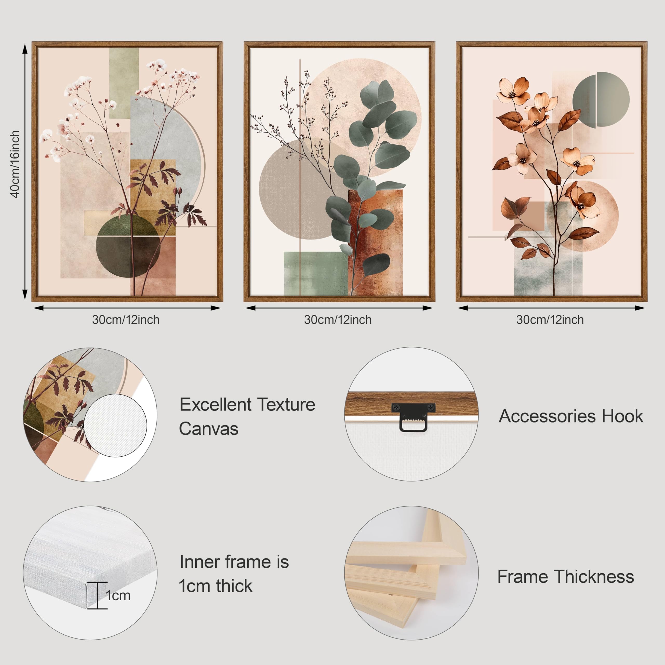 3Pcs En Bois Cadre Beige Géométrique Plantes Floral Tableau Décoration Murale Salon Botanique Coton Eucalyptus Feuille Impression sur Toile Peintures sur Toile Décor Murale Pour Chambre Maison 30x40x3