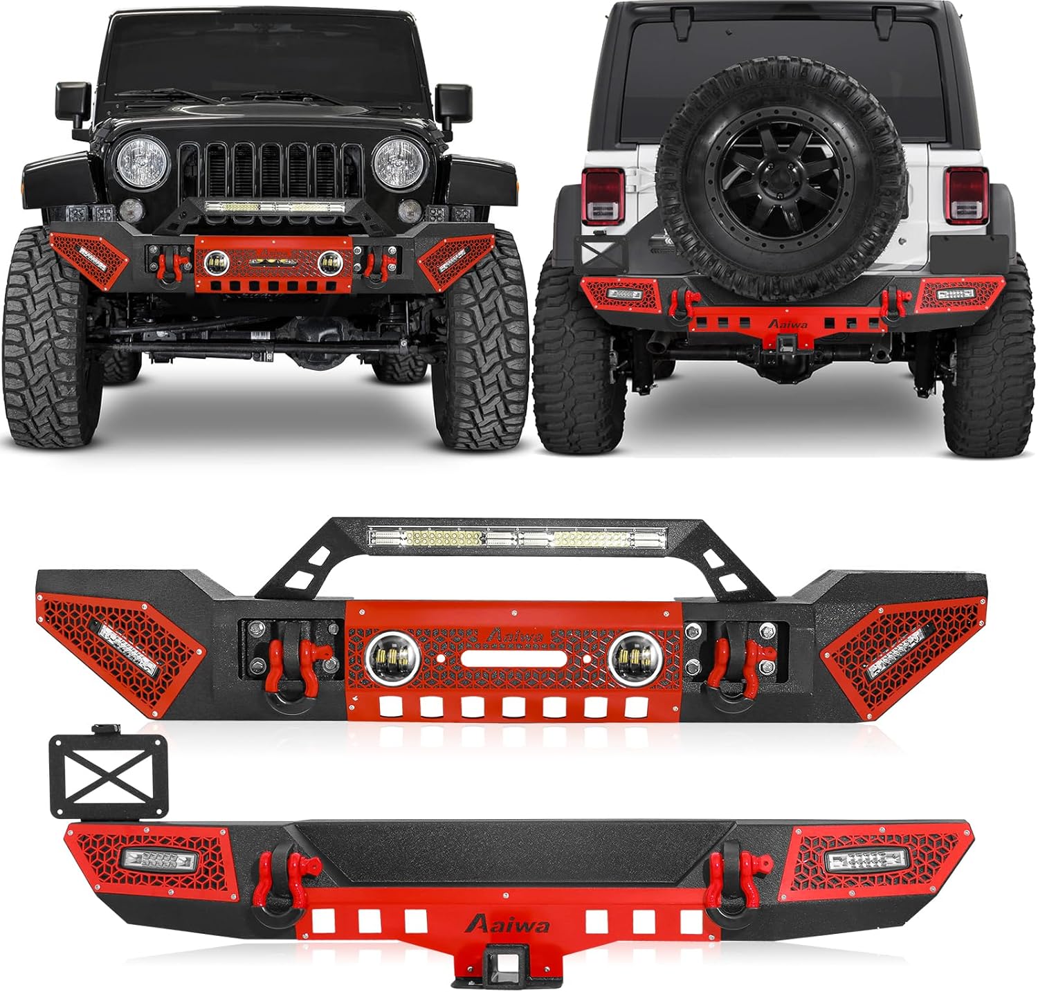 Wrangler JK Front + Rear Bumper Combo Fits For 2007-2018 Jeep Wrangler JK/JKU, Plate Steel Bumper Cover With Light & D-Rings & Winch Plate & 2" Hitch Receiver,Textured Black