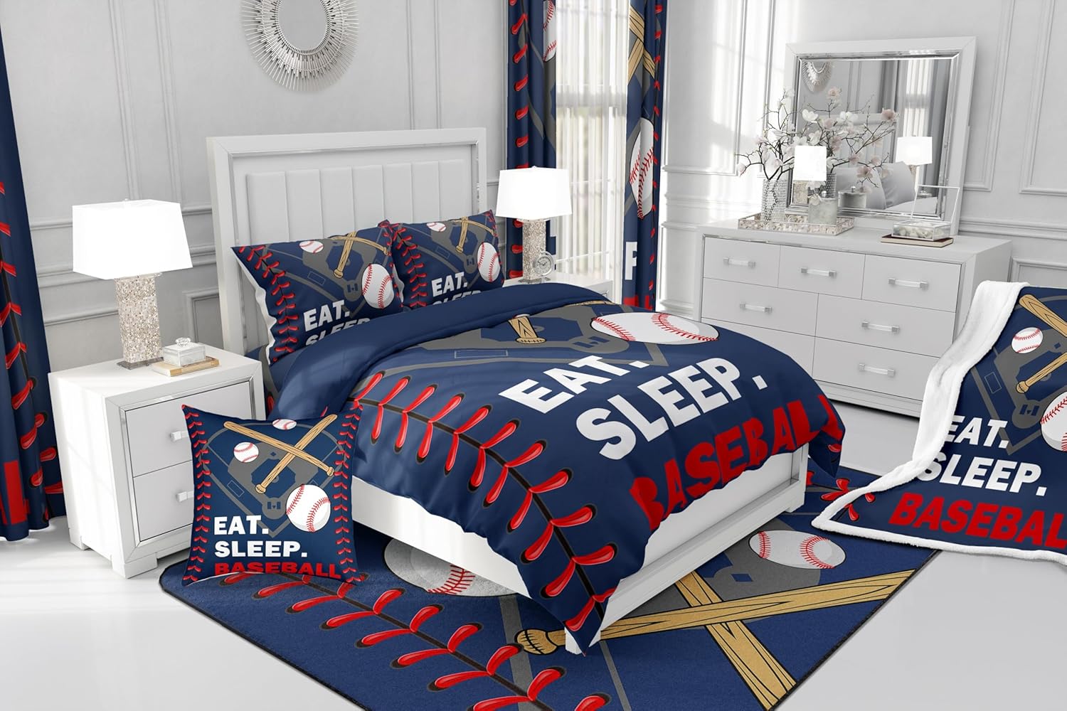 Erosebridal Baseball Bedding Twin Sports Comforter Sets for Boys Kids Navy Blue Bedding Sets for Girls Teens Room Decor,Softball Gaming Quilt Adult Men Ball Games Bed Set with 1 Pillow Case,Soft