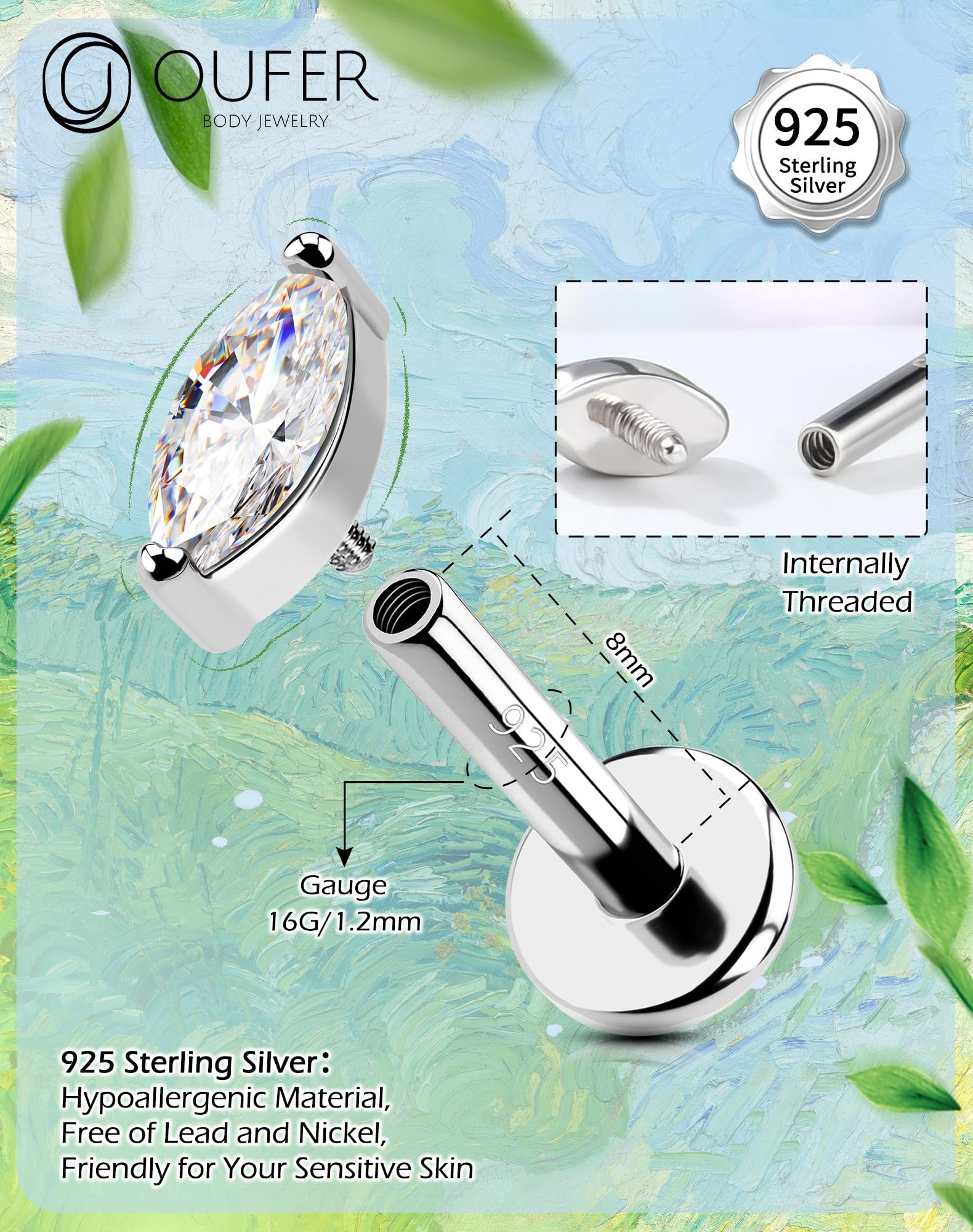 OUFER 16G 8 mm Piercing Orecchio Helix Argent 925 Cartilage Earring Internally Threaded Lip Piercing Marquise Tragus Stud Trasparente CZ Orecchino Conch (Argent)