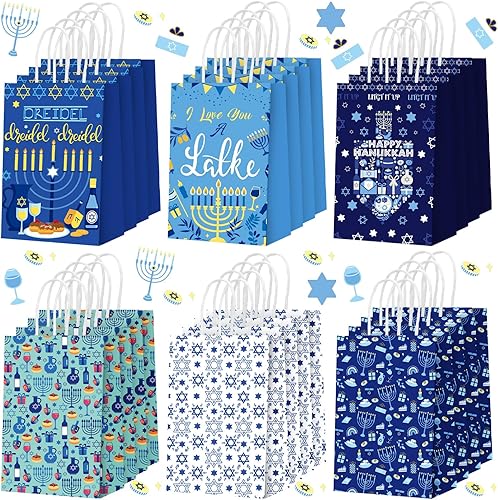 Outus 24 bolsas de regalo de Hanukkah a granel, bolsas de regalo de Janucá con asas, bolsas de papel de menorá judía, bolsas de regalo de papel de