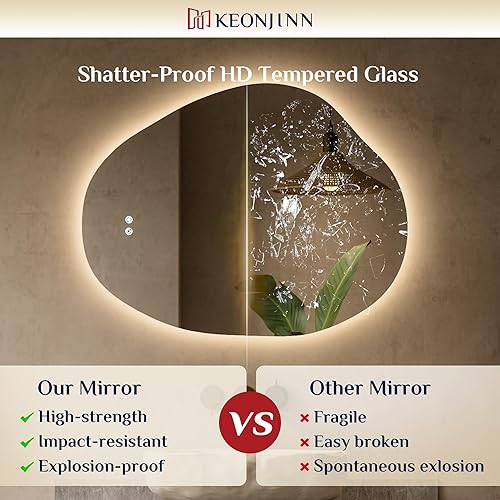 Miniatura 5 de Keonjinn Espejo retroiluminado irregular de 24 x 30 pulgadas, espejo de baño LED asimétrico con vidrio templado HD, controlador LED con