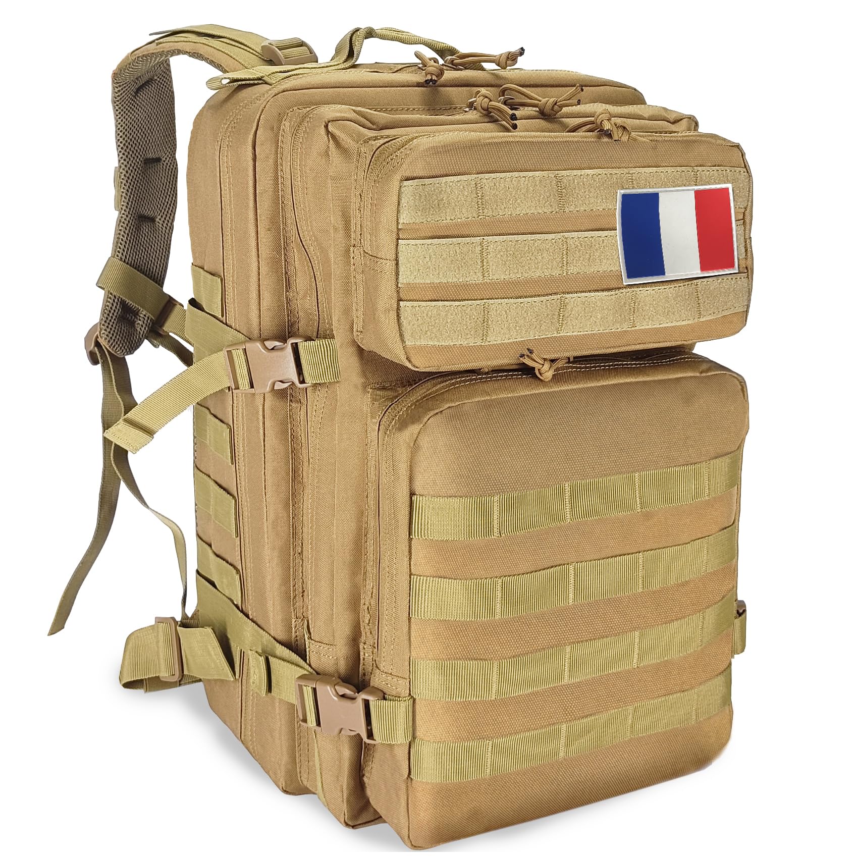HEMSO Grand Sac à Dos Militaire 45L,Sac de Voyage Système MOLLE,Sac Crossfit de Sport pour Randonnée Trekking Moto Camping Voyage Pêche Alpinisme École (Kaki)