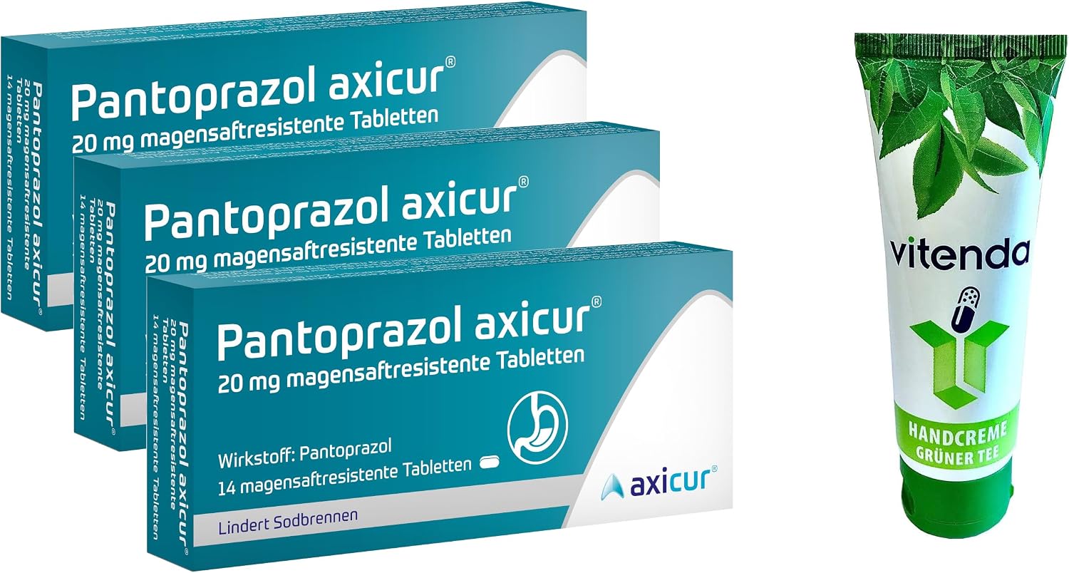 Pantoprazole Axicur 20 mg 3 x 14 Gastric Juice-Resistant Tablets Including a Hand Cream from Vitenda Can Relieve Heartburn and Acid Belching After a Short Time Quick Aid 3 x 14 Pieces