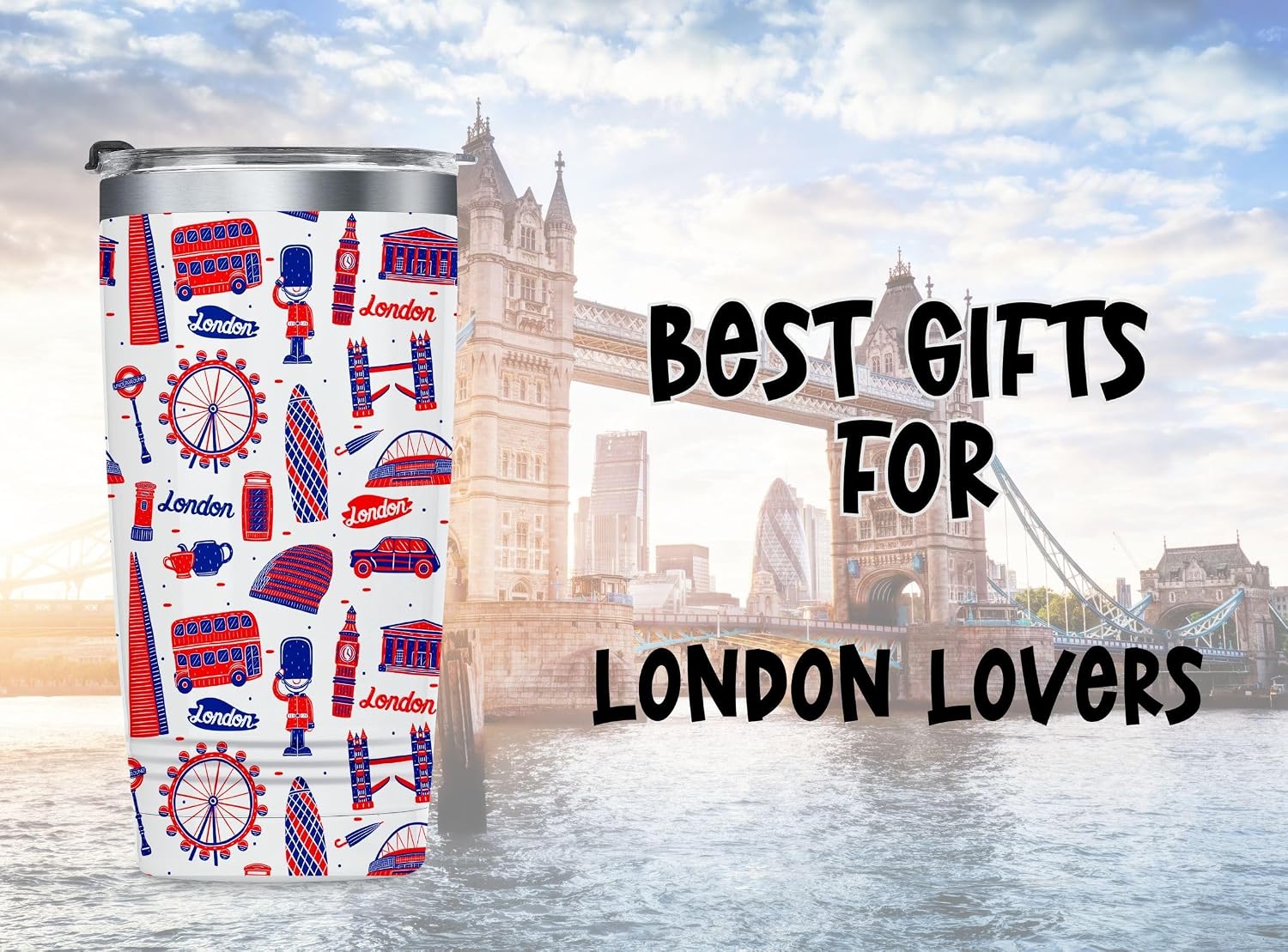 Onebttl London Gifts, Ideal British Themed Souvenirs for Women Men on Christmas, Birthday, 20oz Stainless Steel Tumbler with Lid Straw