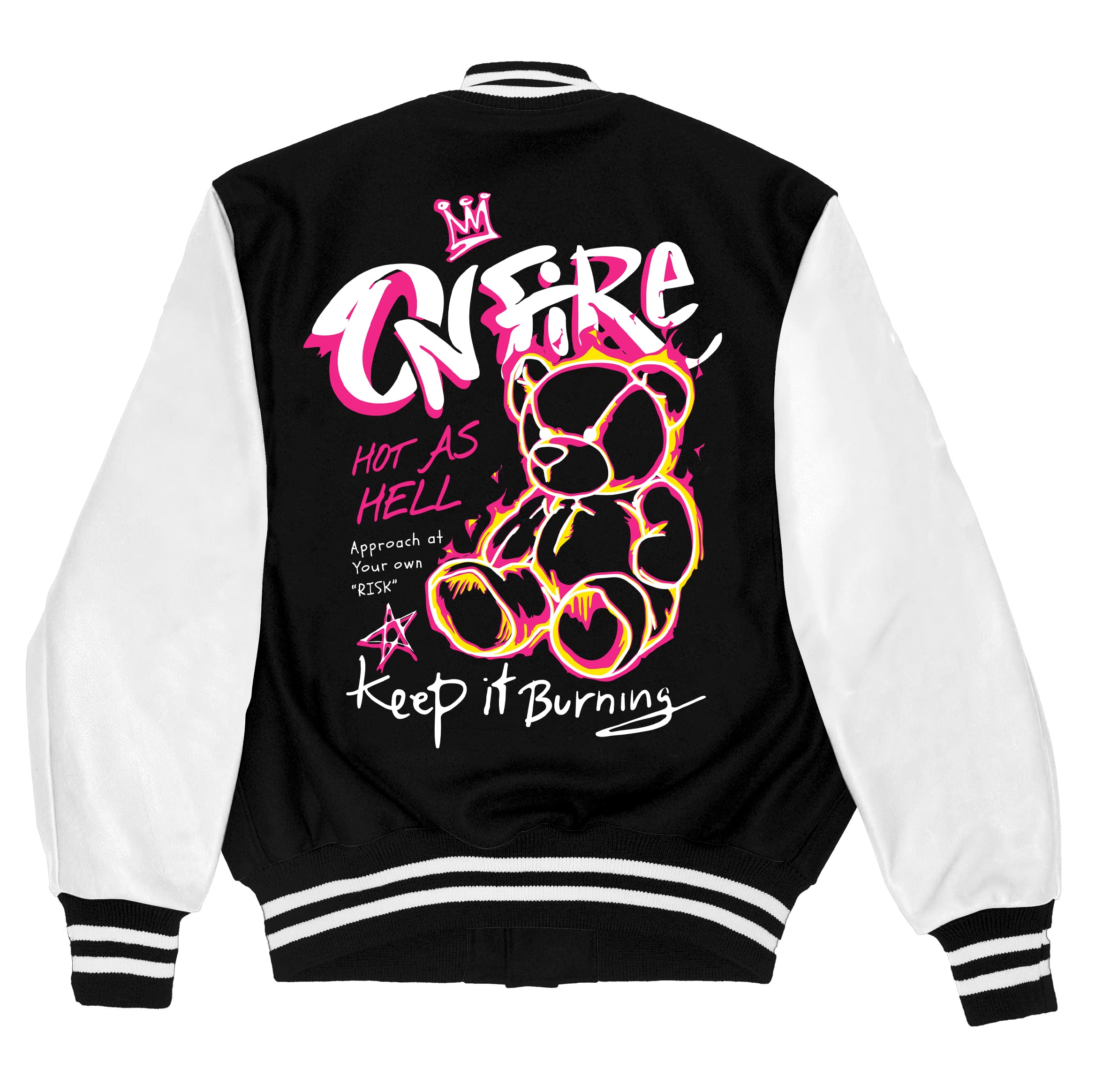 Alfaq - From Imagination To Reality On fire varsity jacket for Men and Women | Standard Length Polycotton Streetwear Varsity jacket | Back printed Varsity jacket | Oversized jacket |Basketball Jacket