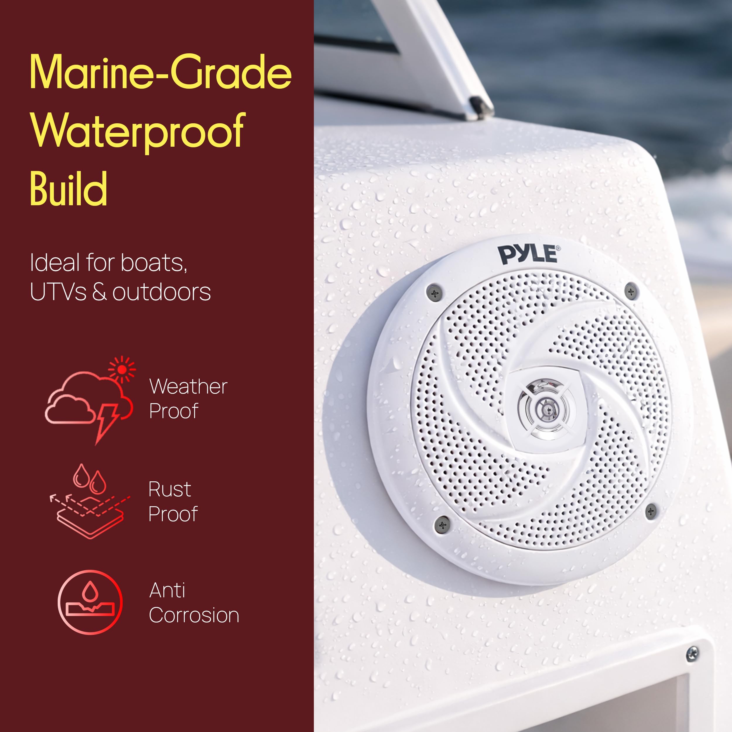 Pyle Marine Speakers - 5.25 Inch 2 Way Waterproof and Weather Resistant Outdoor Audio Stereo Sound System with 180 Watt Power and Low Profile Slim Style - 1 Pair - PLMRS5W White product thumbnail 5