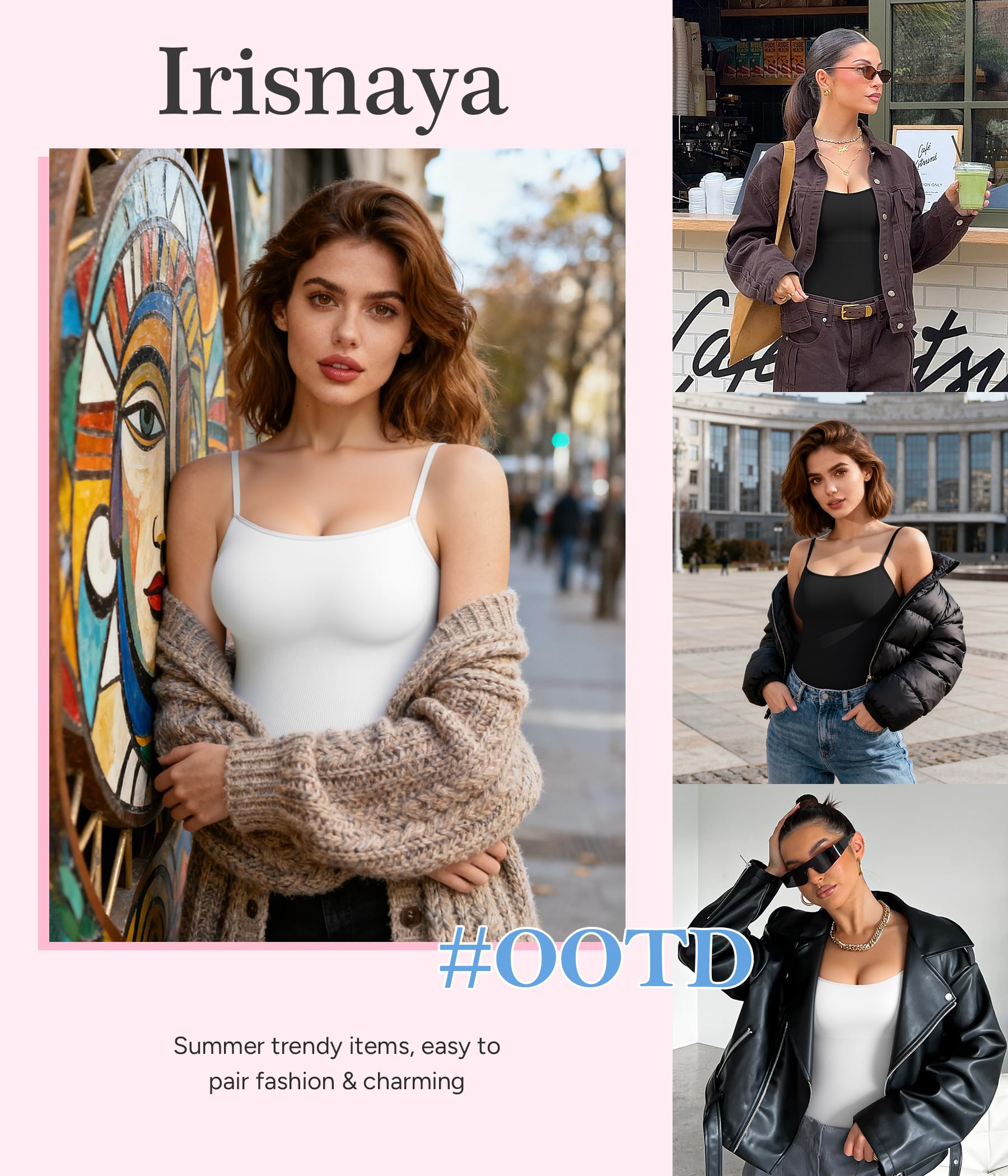 Irisnaya 2-Pack Shapewear Bodysuits for Women Tummy Control - Square Neck Body Suit Cami Body Shaper Going out Tops