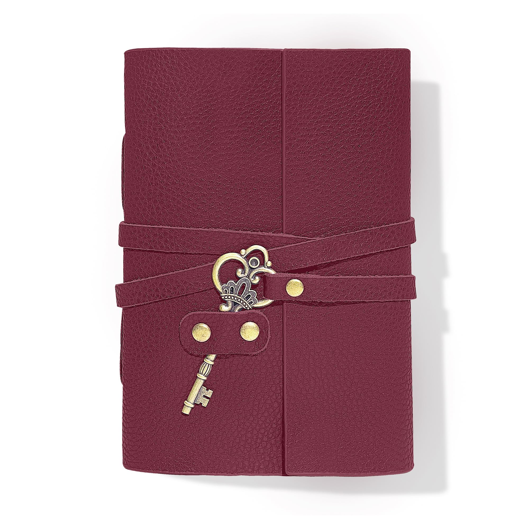 Cleather Diario de piel auténtica de 5 x 7 pulgadas con llave, 200 páginas de líneas, diario encuadernado en cuero hecho a mano para diario de viaje (rojo burdeos)