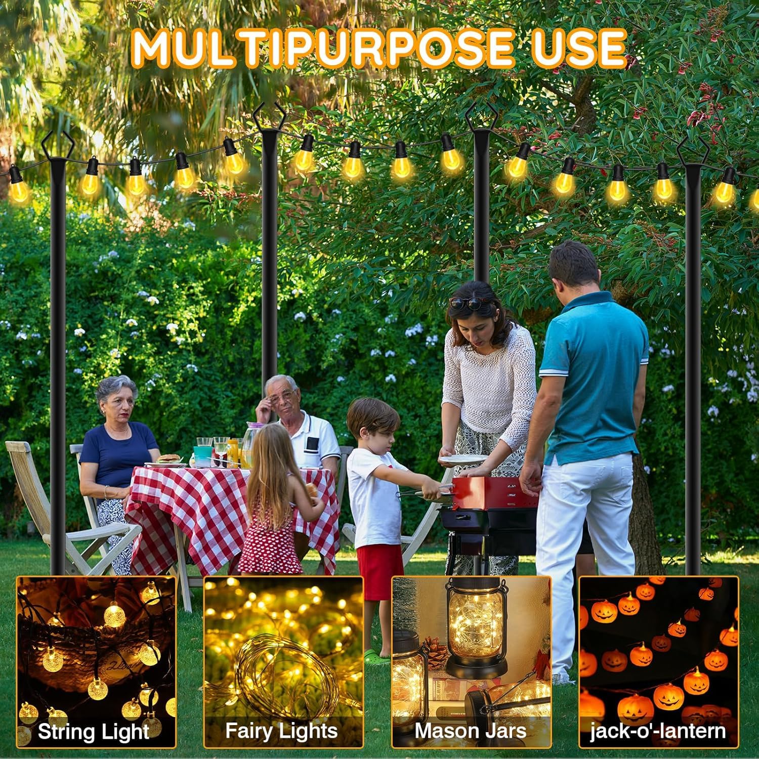 Lot de 6 poteaux pour guirlande lumineuse d'extérieur en métal de 3 m avec fourchette pour guirlandes lumineuses extérieures, poteaux d'éclairage d'extérieur avec fourchette, patio, terrasse, jardin