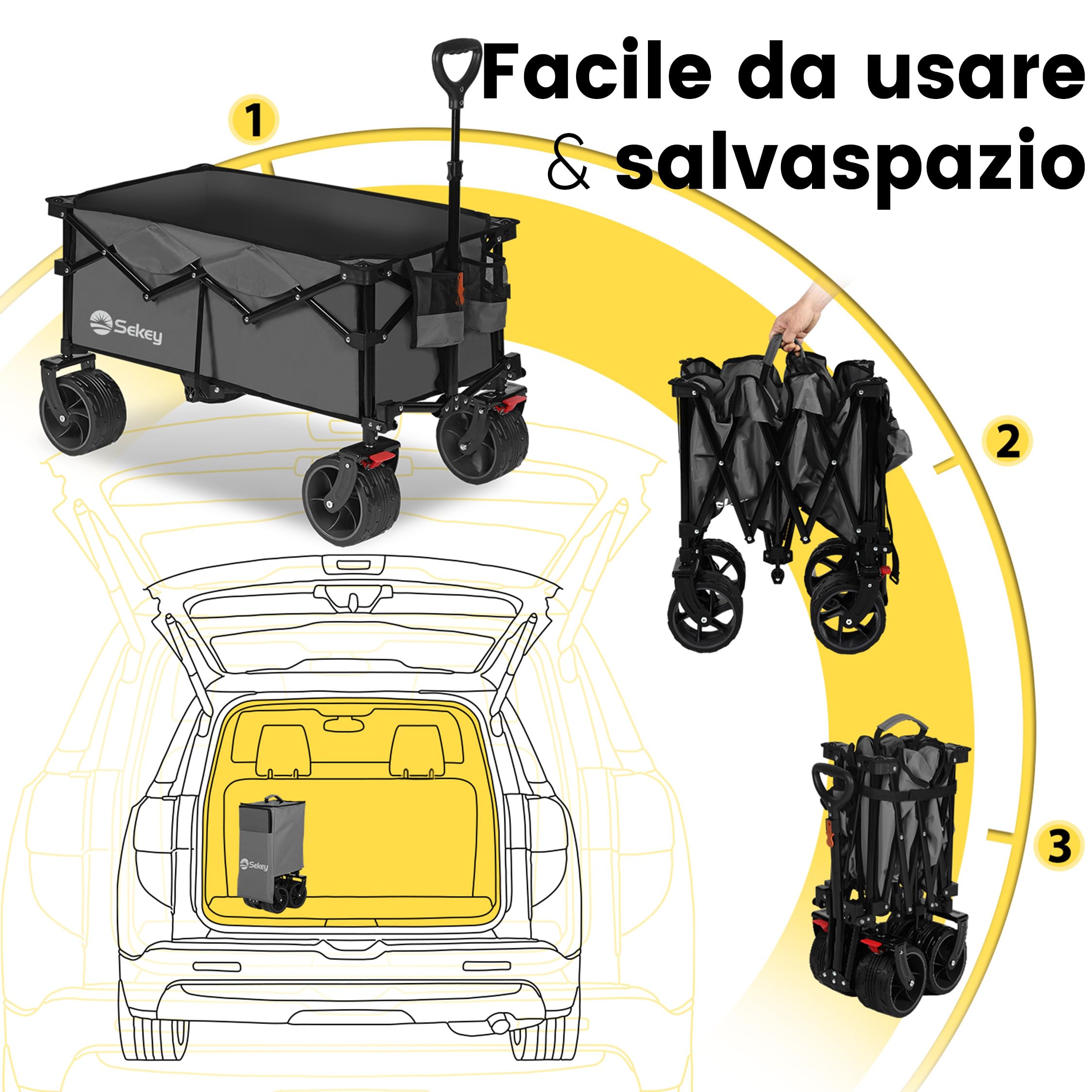 Sekey Carrello XXL pieghevole con freni, 150 l, 150 kg, pneumatici larghi per tutti i terreni, brevettato, pieghevole in 4 direzioni, non richiede montaggio, XXL 4020, grigio