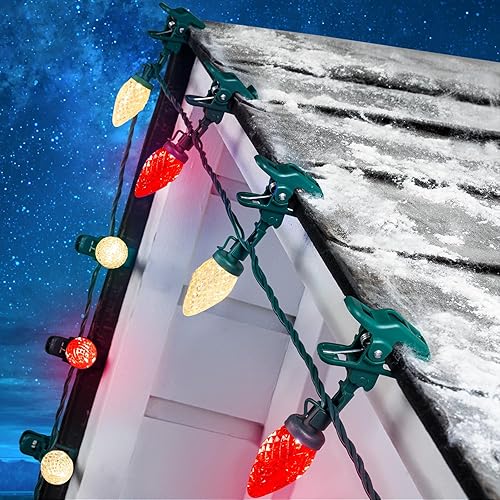 Miniatura 13 de Moonflor Luces LED C9 de Navidad para exteriores con 50 clips de resorte, 50 pies 50 luces LED impermeables de fresa, grado comercial extensible,