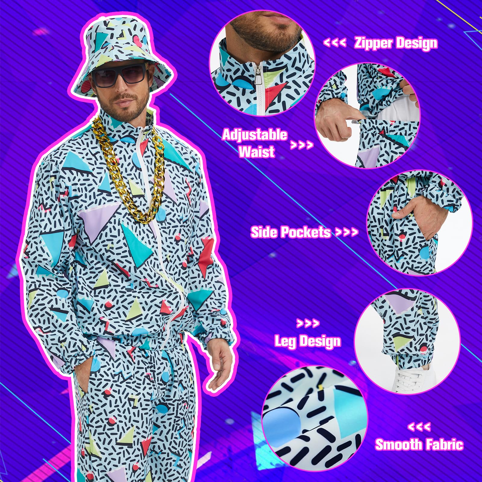 Disfraz vintage de los años 80 y 90 para hombre, 8 piezas, disfraz de hip hop con gafas y sombrero para discoteca, fiesta, festivales de música, bailes de máscaras, carnaval