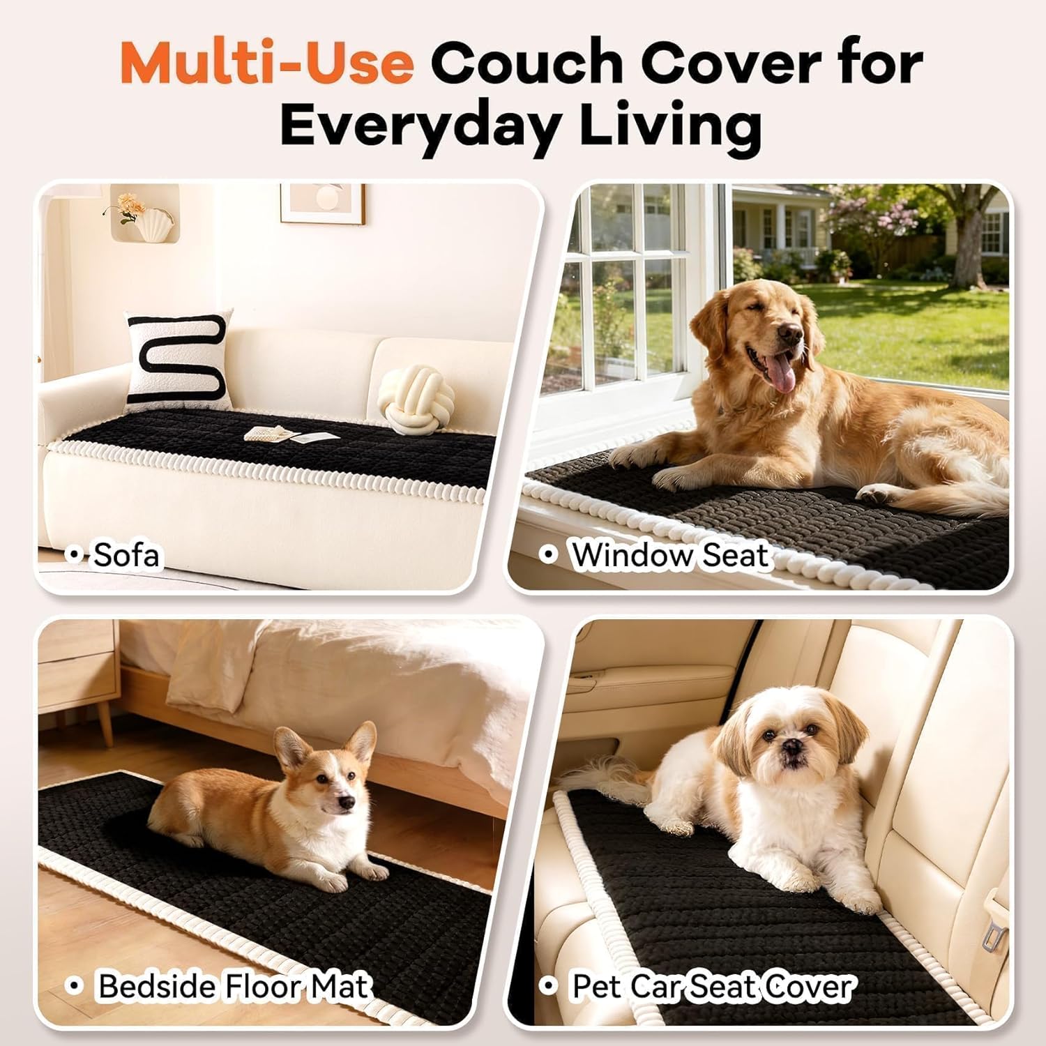 Non Slip Couch Cover for Dogs & Pets, Washable Sofa Seat Protector Pad, Durable Pet Friendly Couch Cushion Cover, Quilted Anti-Slip Couch Protector for 3 Cushion Sofas, Black, 27.6"x59"