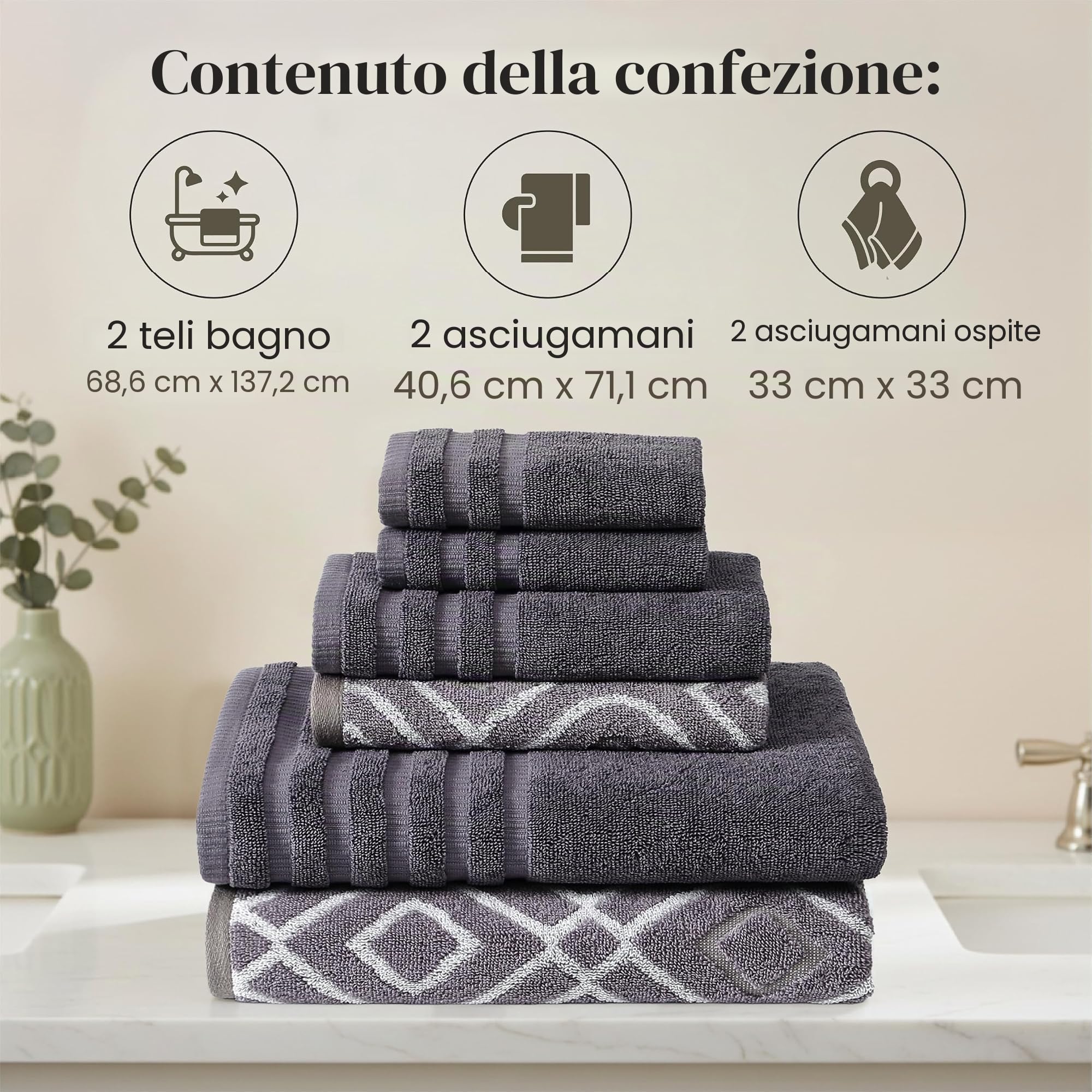 Amrapur 6-Piece Yarn Dyed Oxford Stripe Jacquard/Solid Ultra Soft 550GSM 100% Combed Cotton Towel Set 6 Asciugamani Tinti in Filo Grigio Lavanda, Cotone, Singolo, 40.6 x 25.4 x 12.7 cm, 6 unità