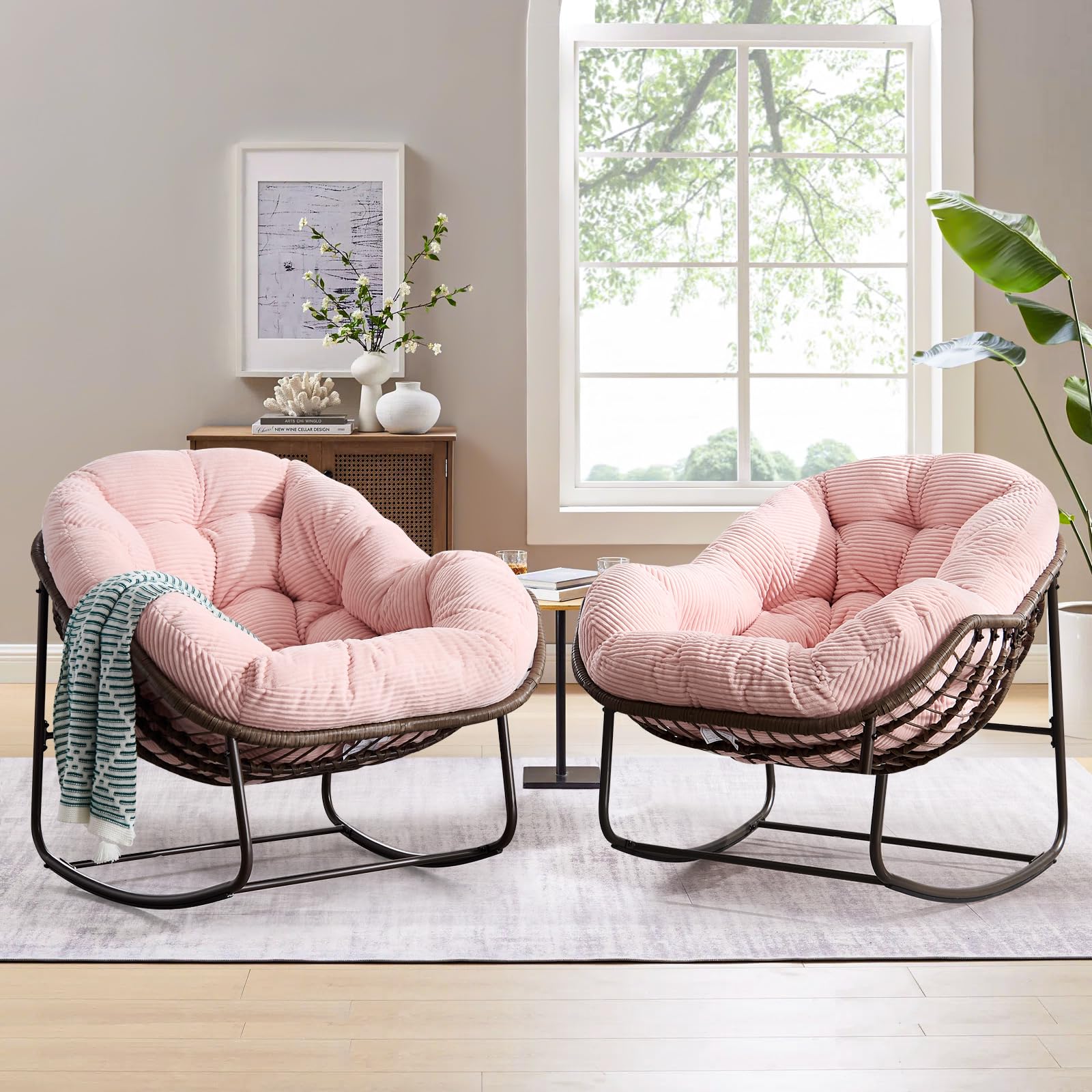 SLEERWAY Large Indoor Rocking Chair Set of 2, Oversized Rocking Papasan Chair with Thick Cushion and Frame, Comfy Corduroy Rocker Wicker Egg Chairs Lounge Reading Chair for Living Room, Bedroom, Pink