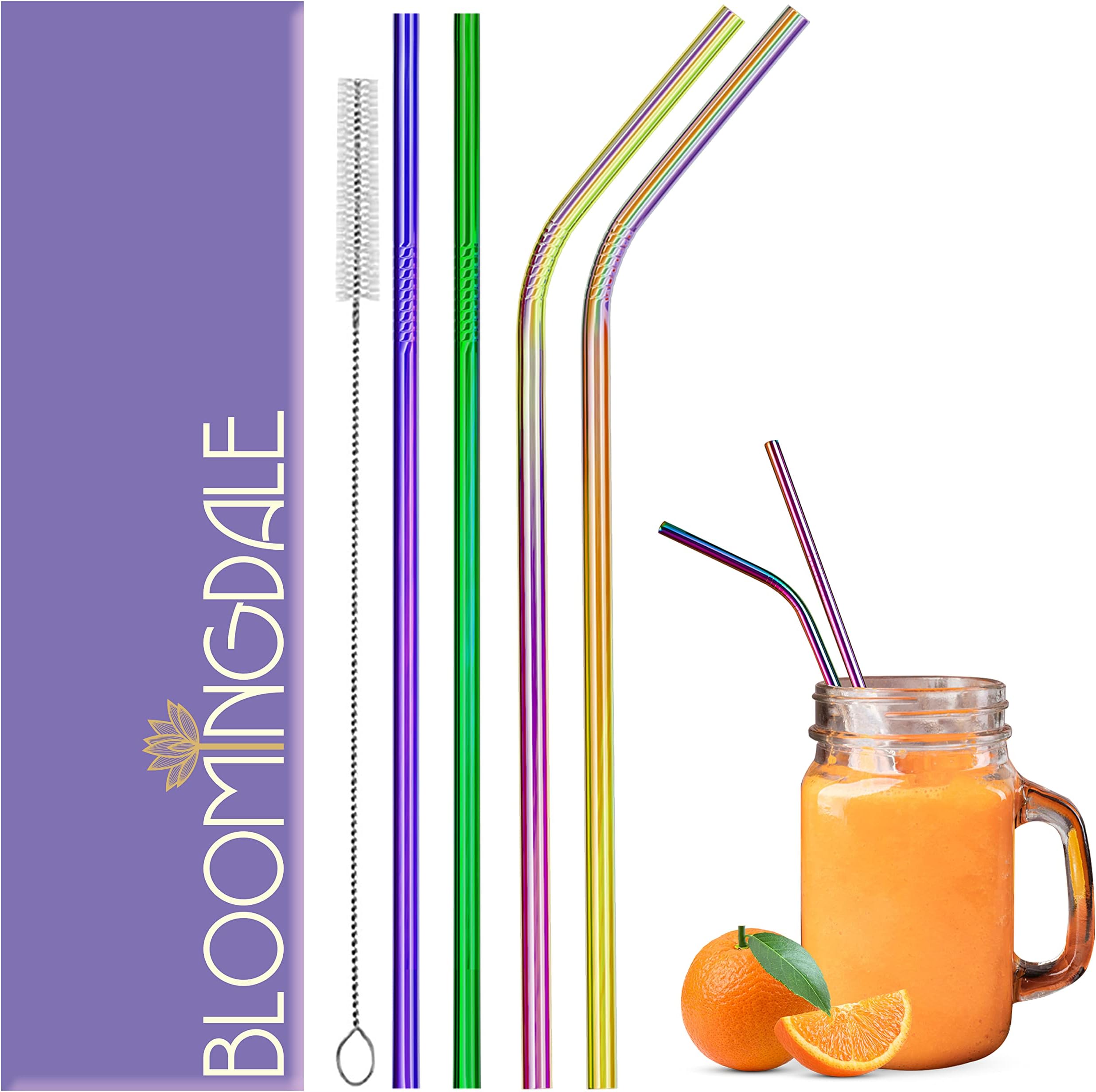 Bloomingdale Reusable Stainless Steel Straw with Cleaning Brush Long Metal Straws For Drinking, Reusable Set Of 5 (2- Bend Pipe, 2- Long Straw, 1-cleaning Brush) -Rainbow
