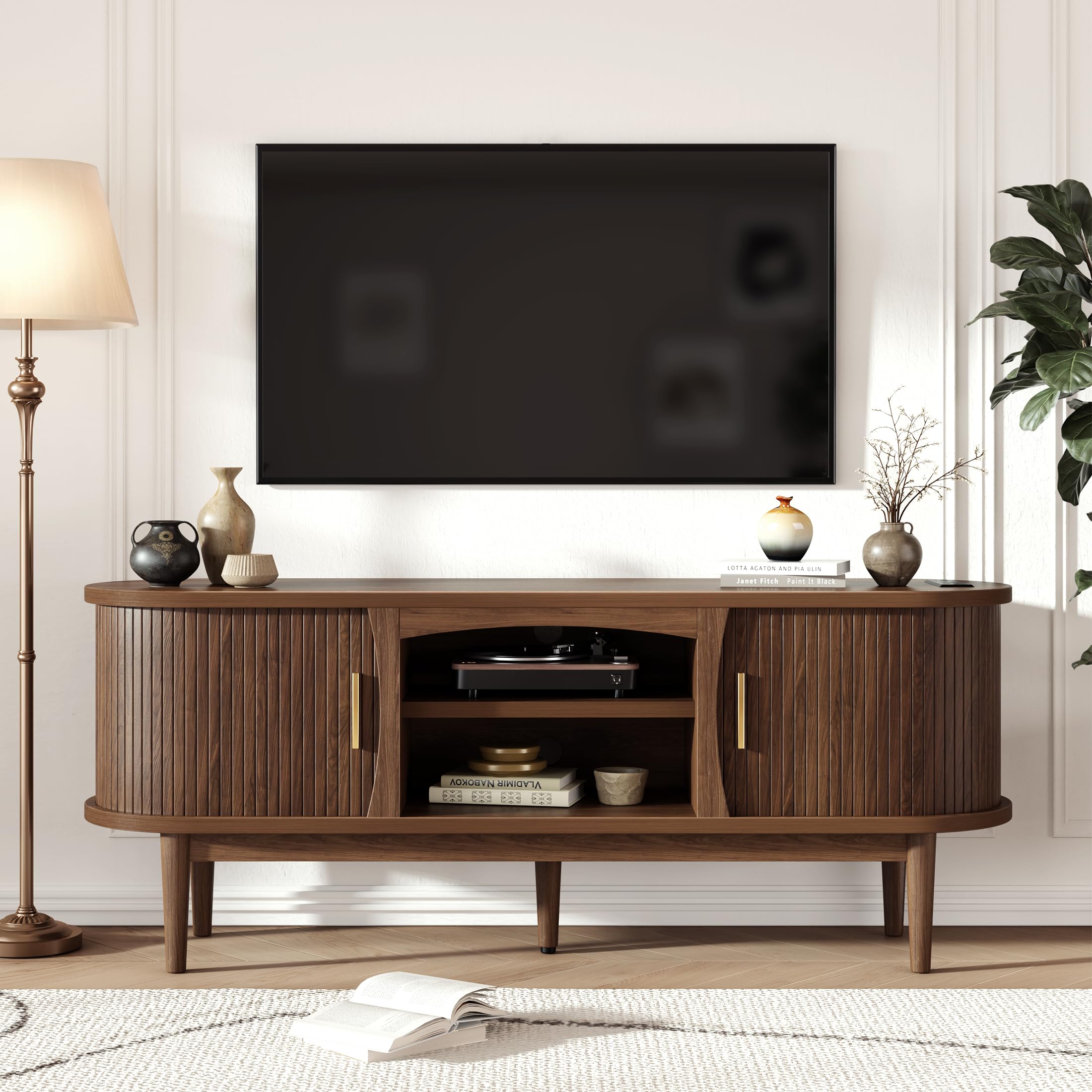 Mid Century TV Stand for TVs up to 65 Inches, Entertainment Center with Storage, Power Outlet, Fluted Sliding Doors & Adjustable Shelves, Modern Media TV Console Table for Living Room (incomplete box 2 of 2 stand tv only) (Walnut)