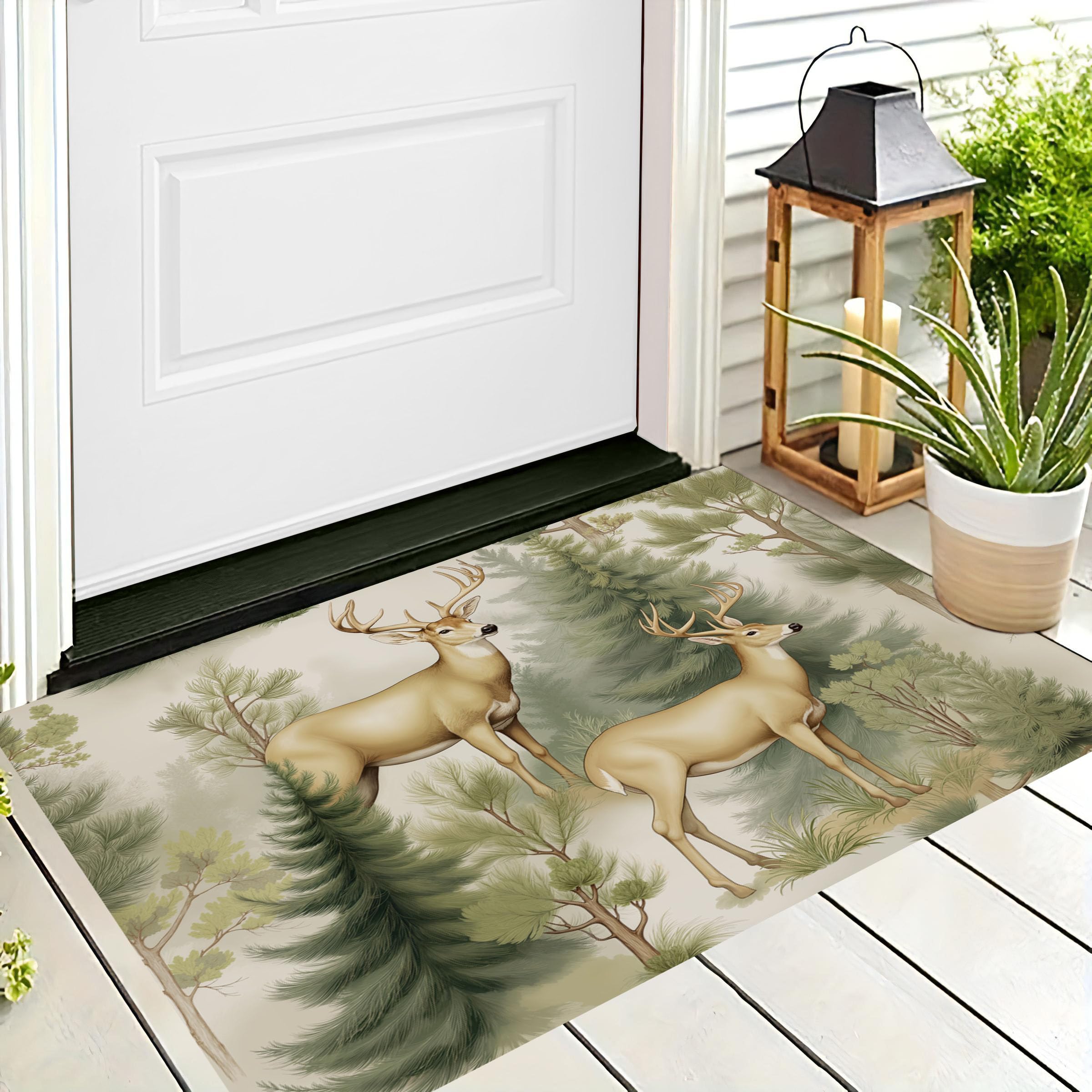 Fußmatte Schmutzfangmatte Innen mit Waldhirsch, rutschfeste waschbare Fußmatte, Retro-Pflanzen Handbemalt Eingangstürmatte mit wasserabsorbierenden Eigenschaften - 80x120cm
