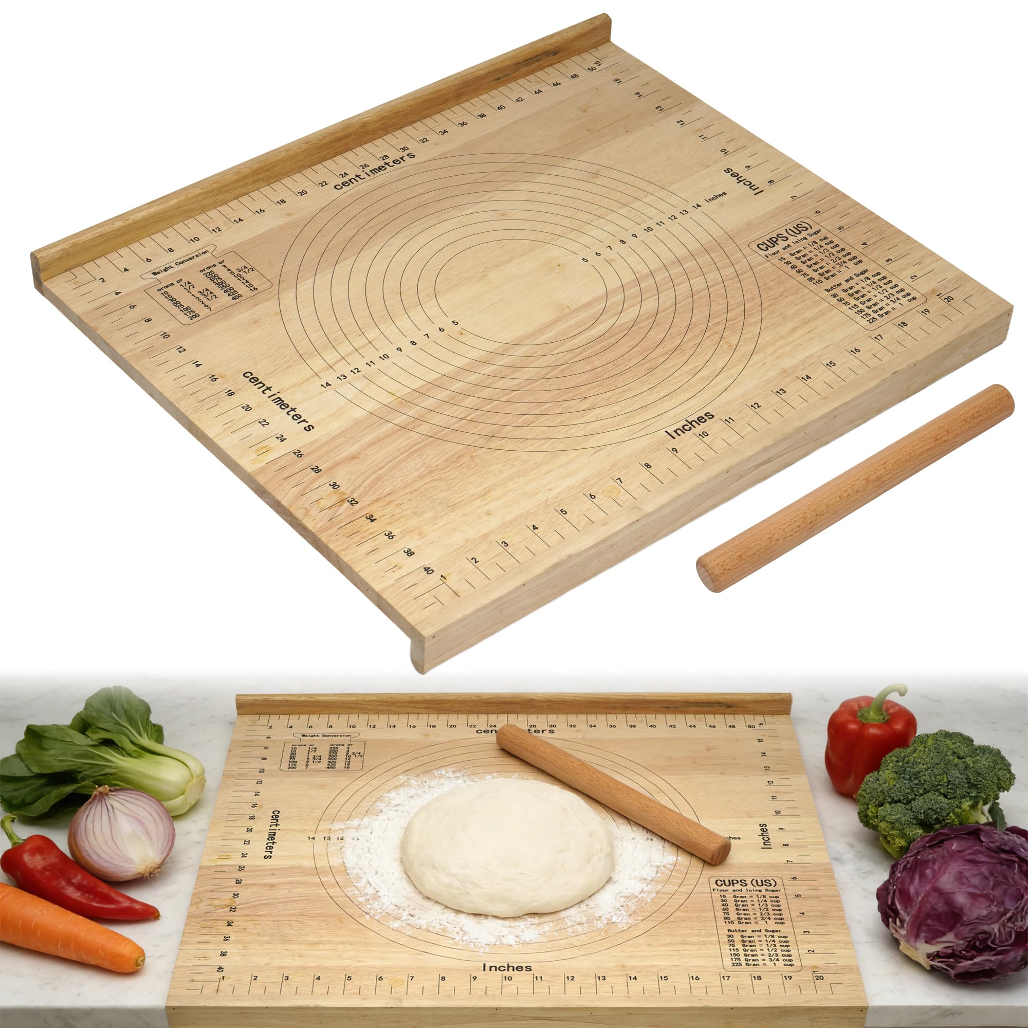 Schneidebrett Holz mit Skalenlinien 50×60cm×1,5cm Brotbretter mit Nudelholz aus Holz Küchenbrett mit Anschlagkante Frühstücksbretter für Arbeitsplatte Küche, Bar, Restaurants