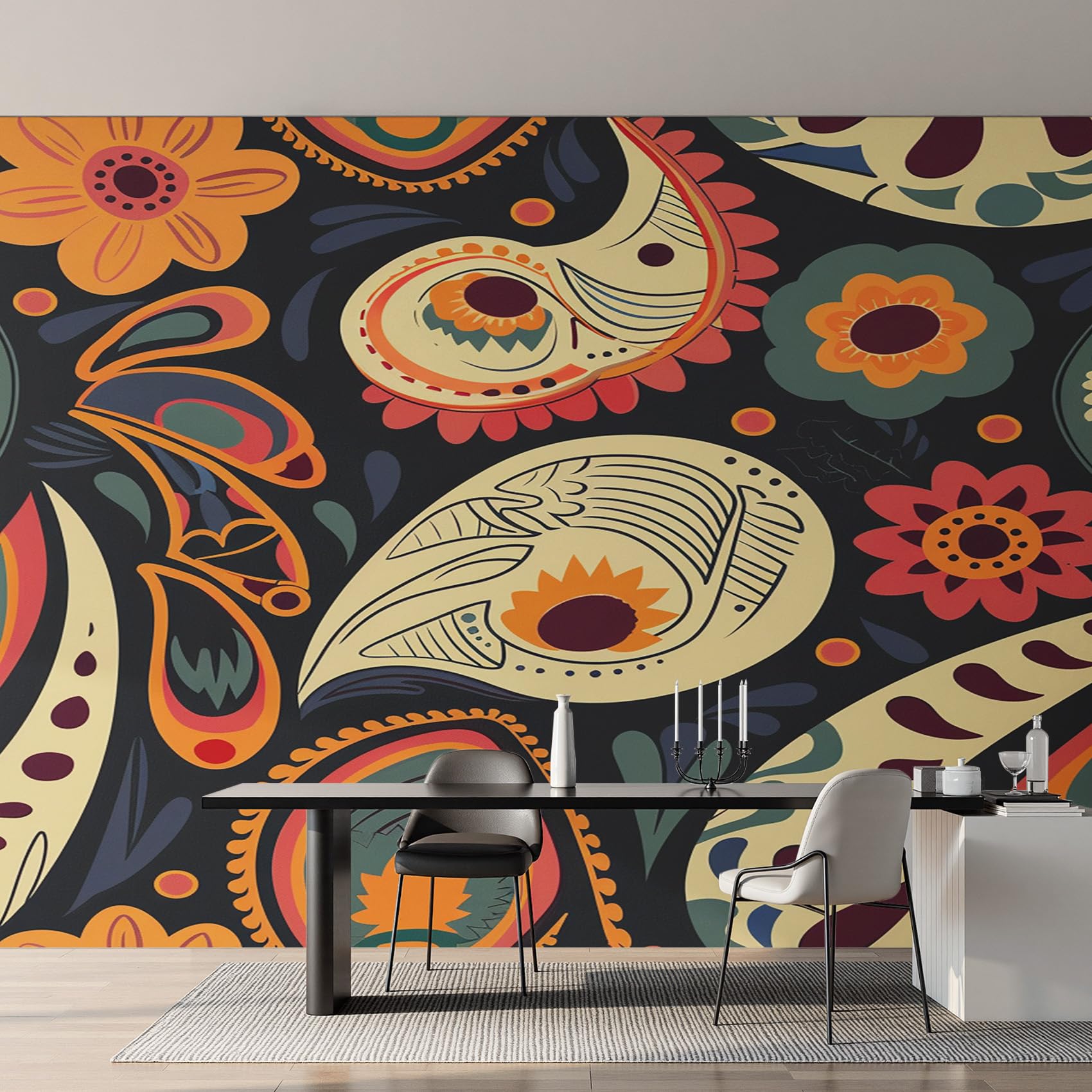 Papier peint fleur boho ethnique pour créer un salon chaleureux et accueillant