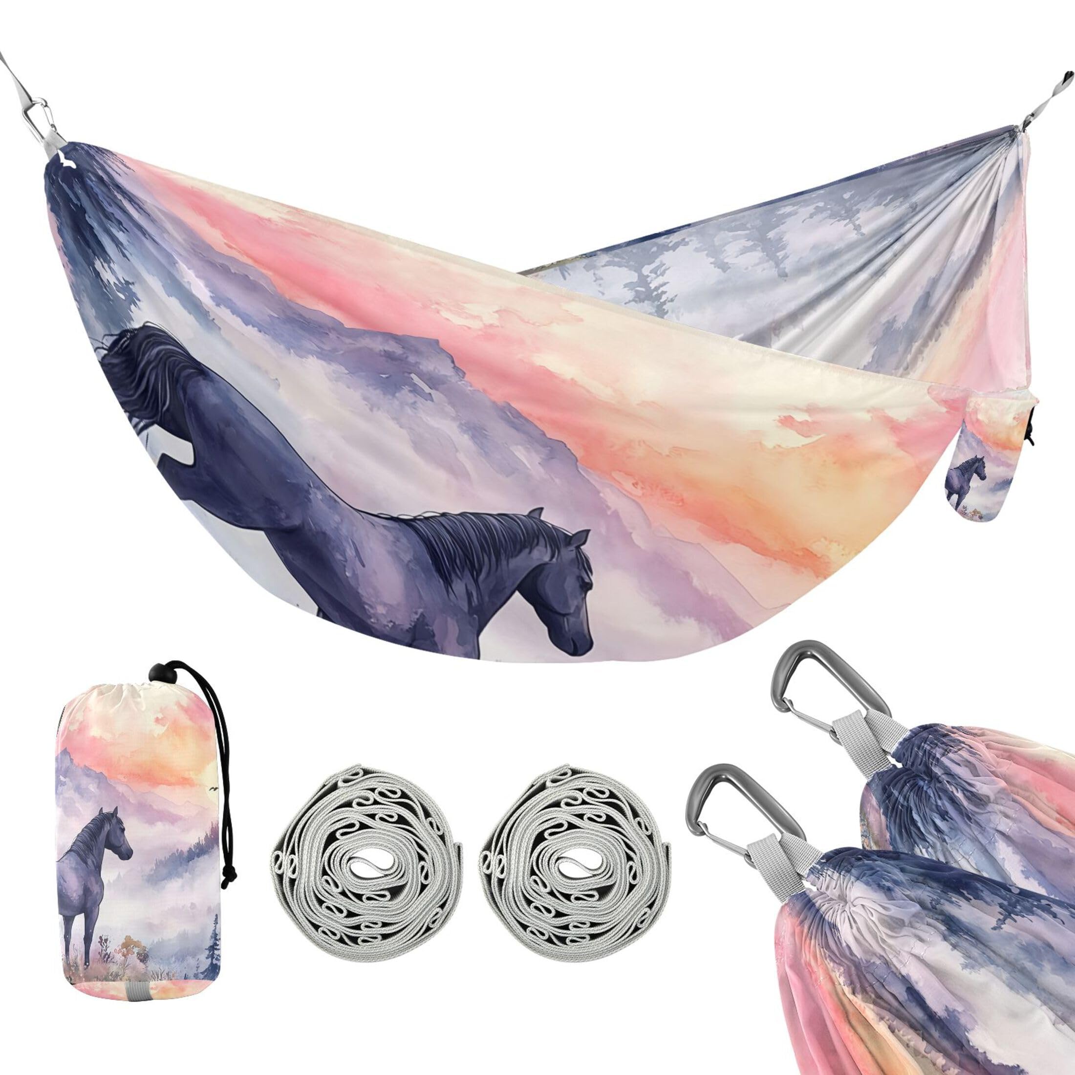 Takiito Horse in Mountains Hammock 330 lb Capacity Travel Camping Hammock with Tree Straps, Portable Lightweight for Outdoor Beach Backpacking Backyard Patio