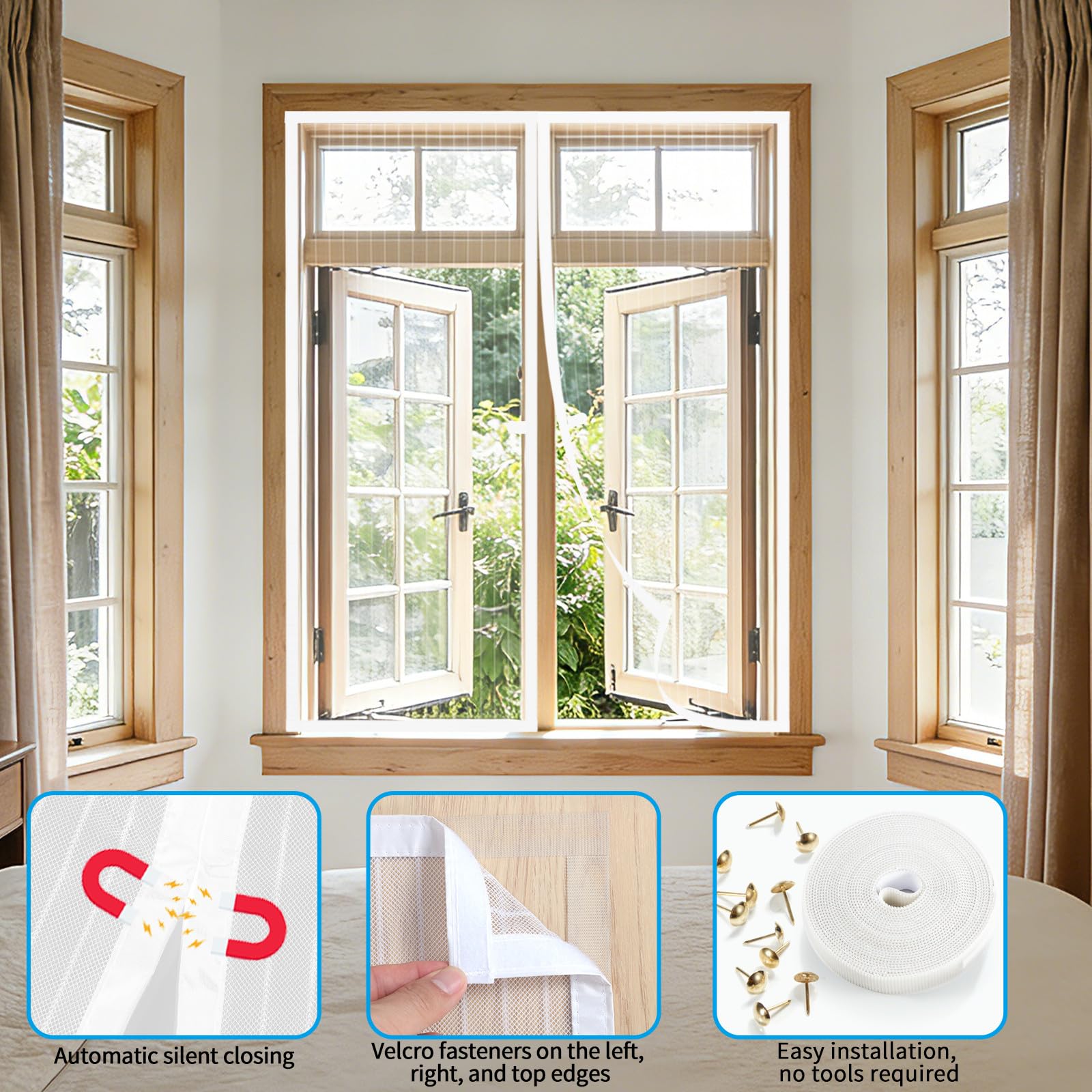 Mosquitera Ventana Magnetica 90x110 cm Blanco, Malla Ultrafina Anti-insectos Sin Taladrar, Cierre Automático con Imanes Fuertes, Adaptable a la Mayoría de Ventanas, Instalación Rápida y Fácil