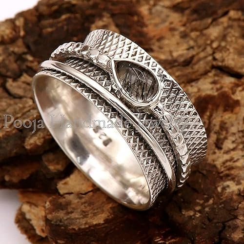Miniatura 2 de natural black rutile ring spinner rings women meditation ring anixety ring dainty ring spinner ring boho ring fidget ring women ring black rutilated