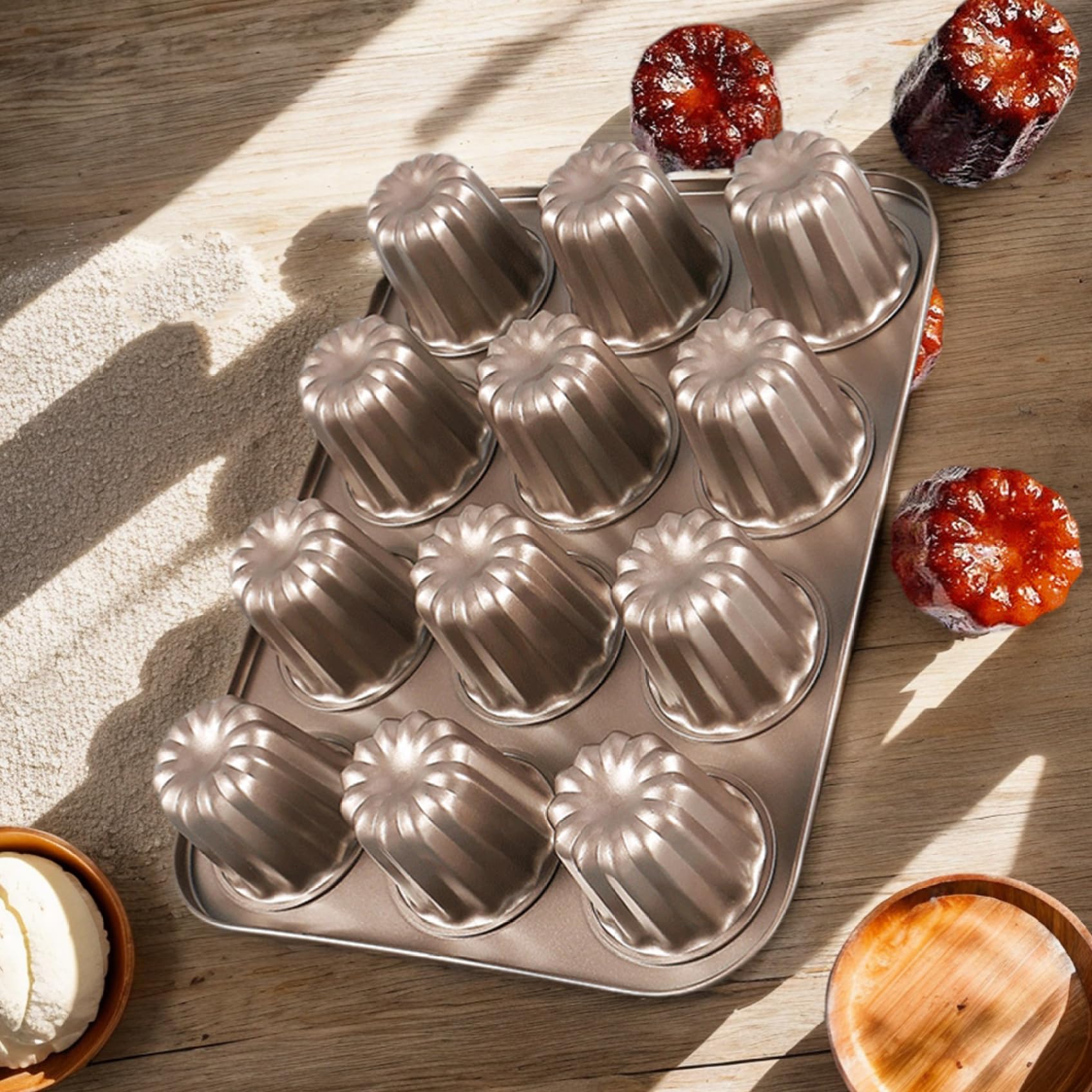 Canele Moulds, 12-Cavity Nonstick Canele Mold Carbon Steel Baking Molds 13.8x10 Inch Baking Pan ideal for Home Canneles Bread Muffin Cake