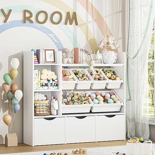Miniatura 5 de FACBOTALL Organizador de almacenamiento de juguetes con 3 cajones móviles, estantería para niños con 6 contenedores de plástico y 2 cubos de