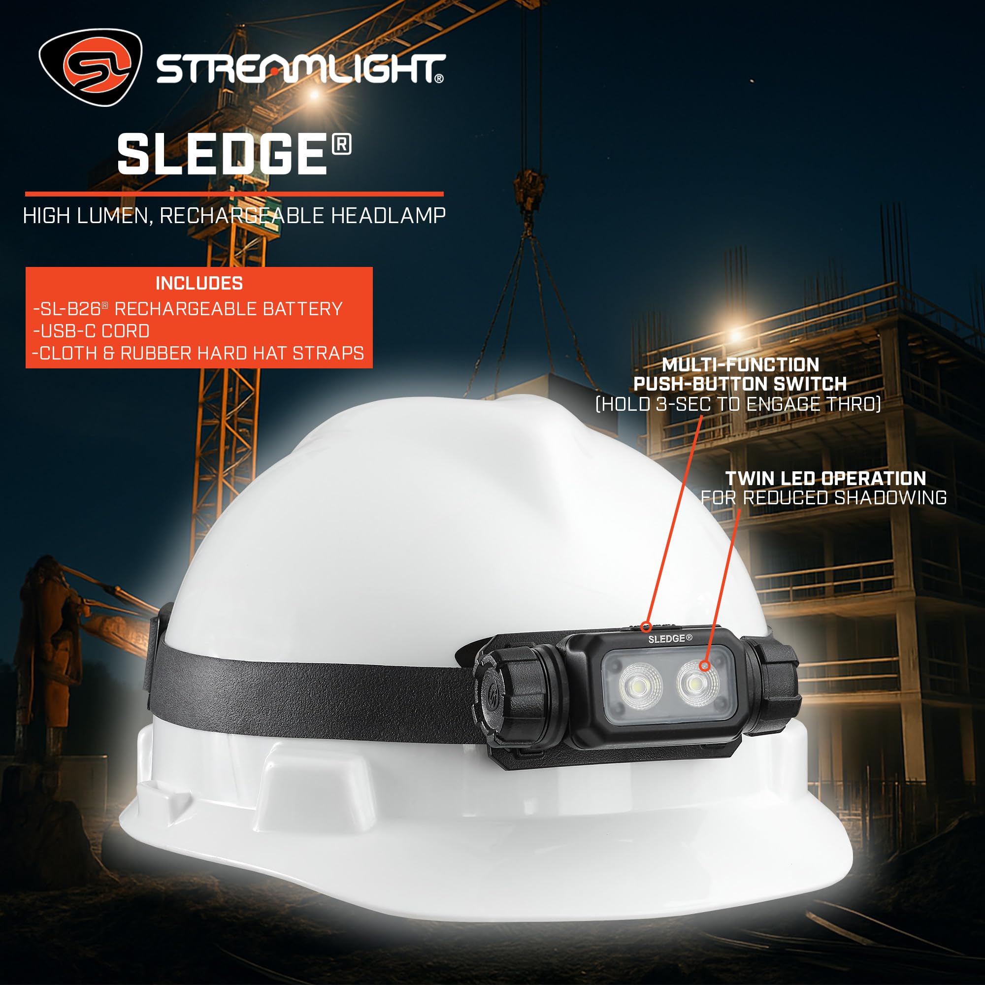 Streamlight 89019 - Linterna frontal LED recargable de perfil bajo de 1000 lúmenes, máximo 600 lúmenes, estándar, 1800 Candela, con correas elásticas y de goma, color negro