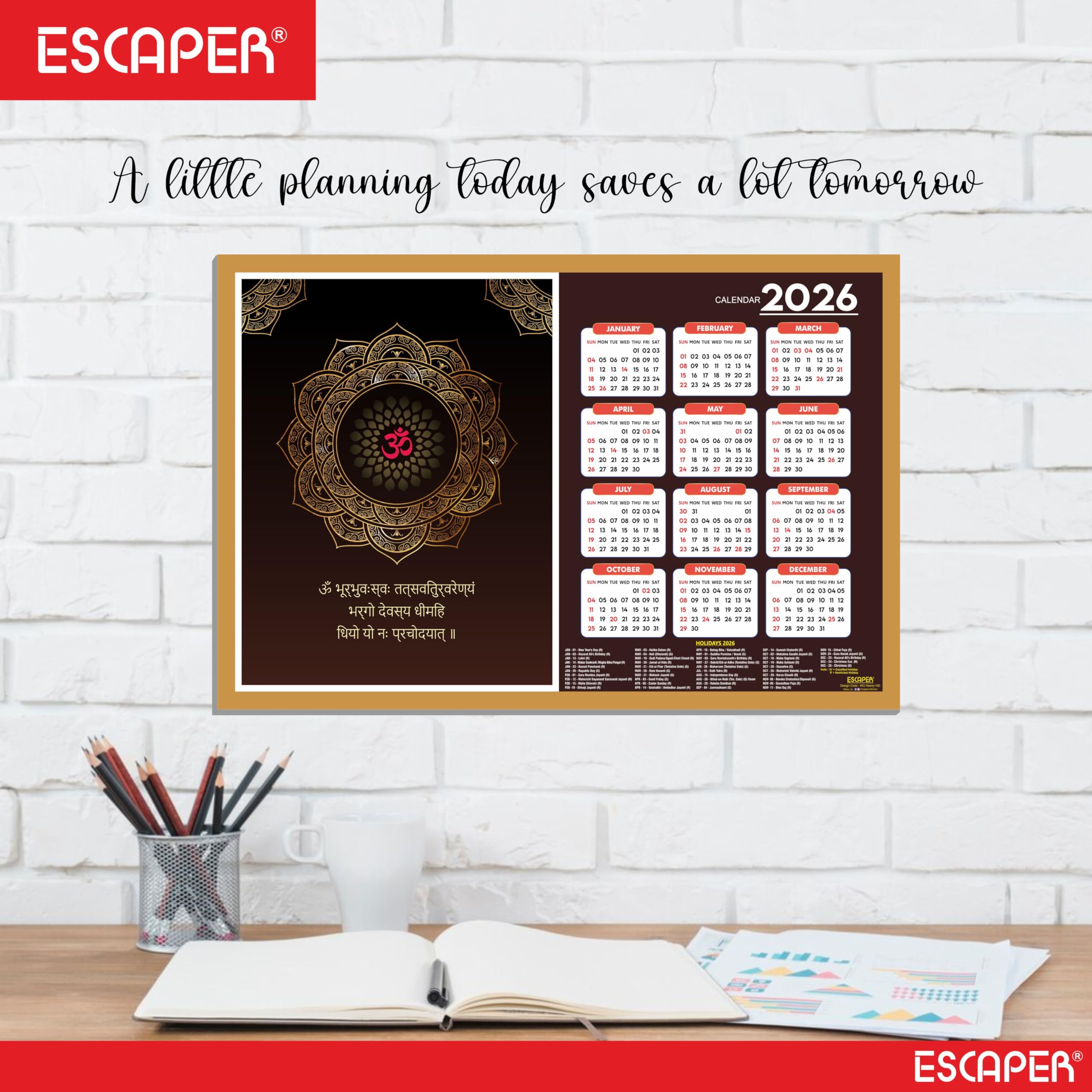 ESCAPER Gayatri Mantra Wandkalender 2026 - 30,5 x 45,7 cm, Meditations- & Yoga-Wandkalender, Yogasana- & Asana-Diagramme, Chakra-Posen, ideal für Yoga-Kurse & Fitnesscenter