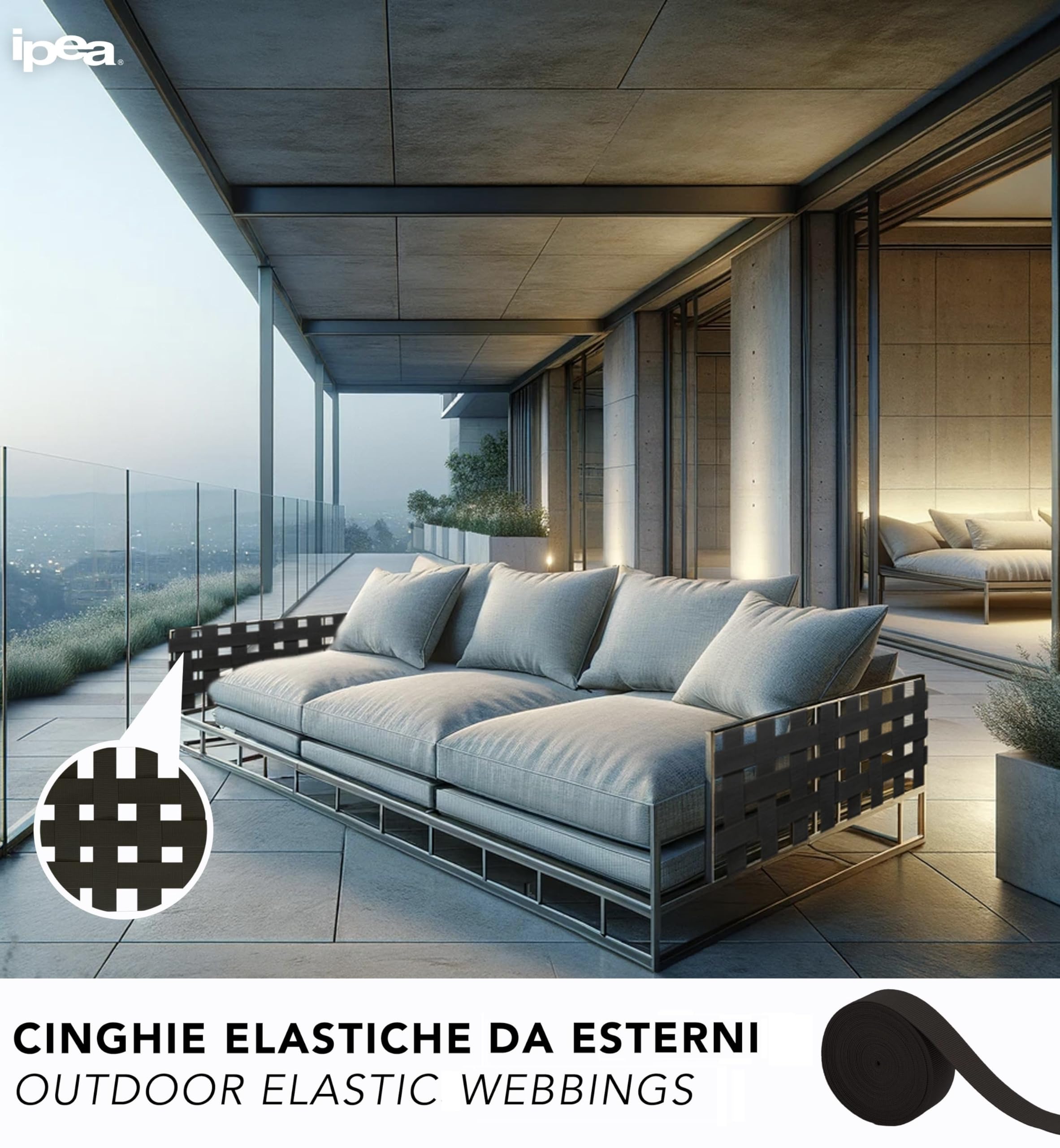 IPEA Cinghia Elastica da Arredamento Esterno per Sedie da Giardino, Lettini da Mare, Poltrone, Dondolo, Sdraio, Divanetti, Salotto, Tappezzeria – 10 Metri – Fascia Tirante per Sedute Schienali – 50 mm