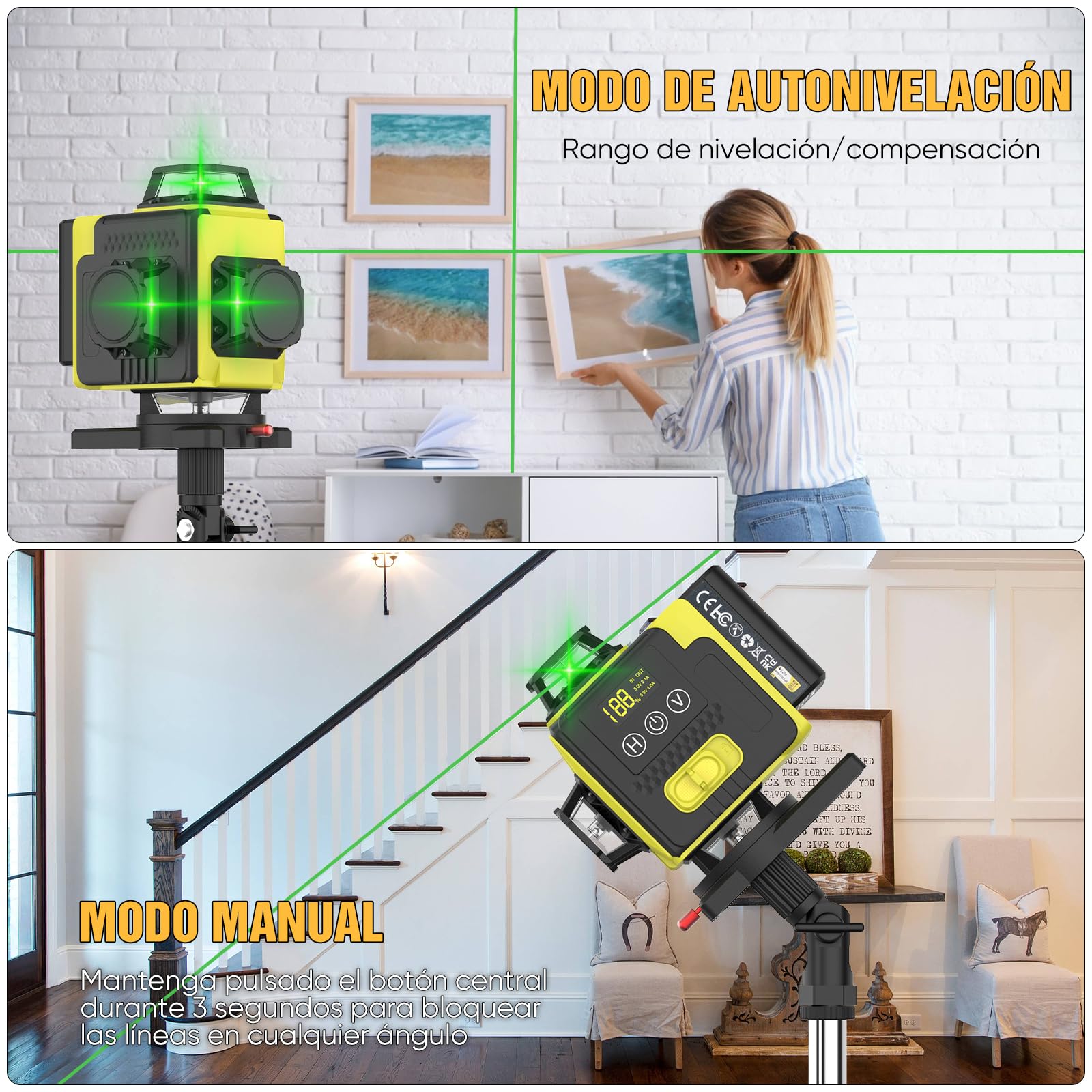 Nivel láser autonivelante 360° X 4, láser de construcción 4D con 16 líneas láser, modo de pulso para exteriores, 2 baterías, autonivelación, soporte rotativo, control remoto.（Con Tripode）
