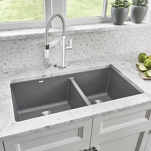 Miniatura 2 de BLANCO 441130 Precis Silgranit 6040 Fregadero de cocina con doble tazón, 33 pulgadas de largo x 18 pulgadas de ancho, gris metálico