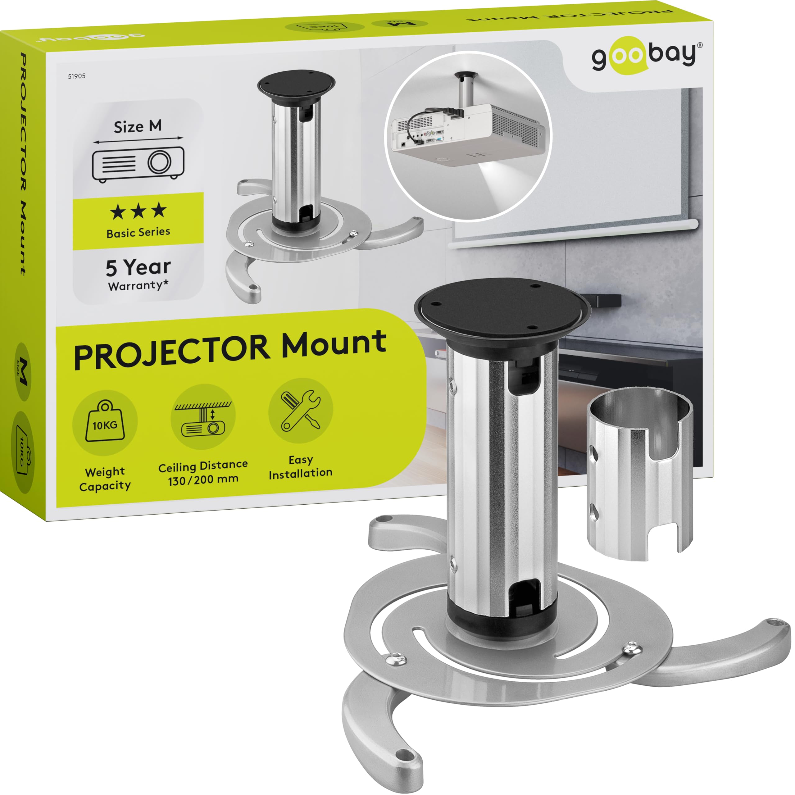 goobay Supporto Videoproiettore Soffitto Universale Fino a 10 kg Interasse 130-320 mm Inclinabile 360 Gradi Girevole Argento - 51905