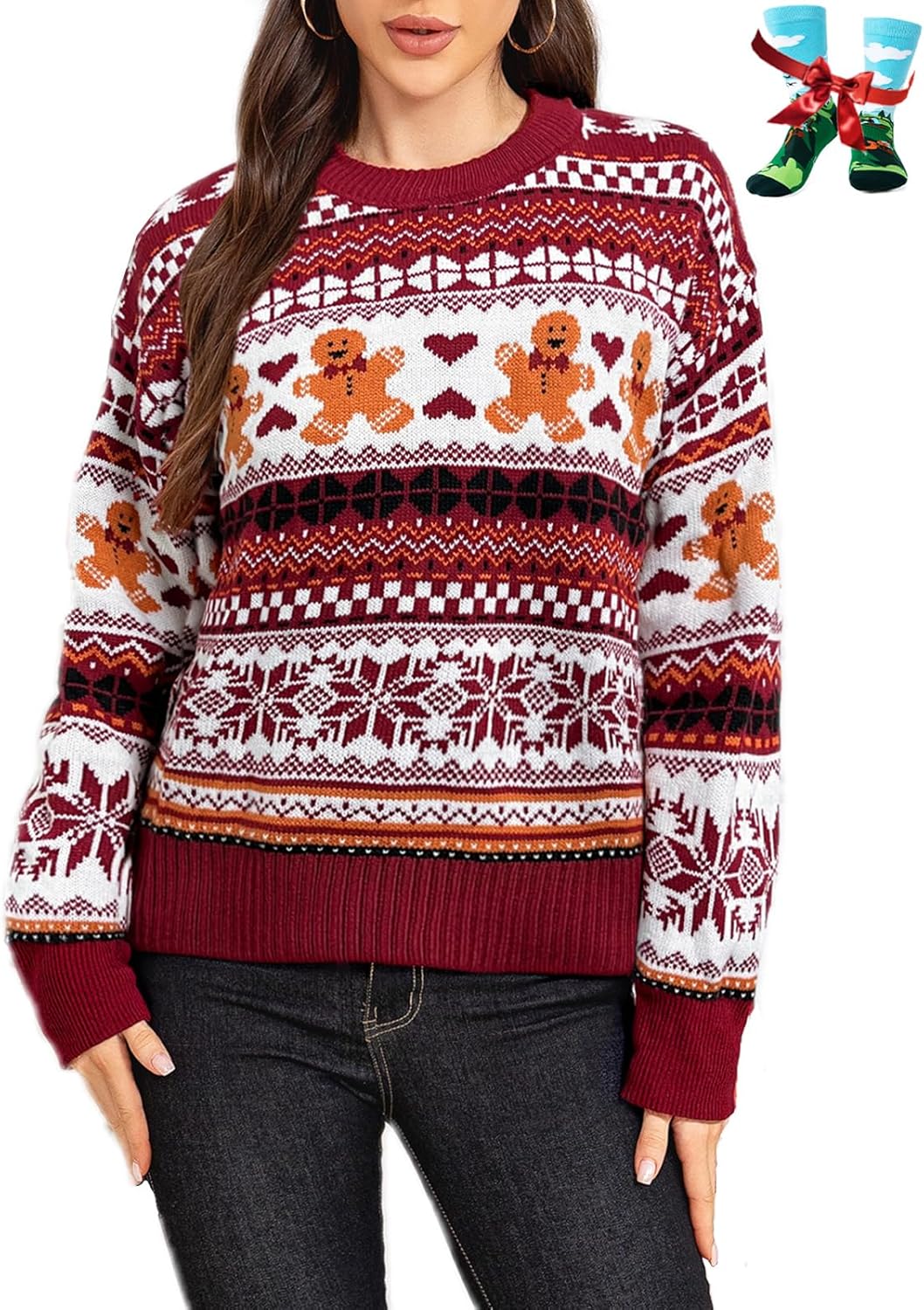 Ugly Christmas Sweater for Women Funny Crewneck Knit Christmas Sweater for Family Pullover Long Sleeve Top