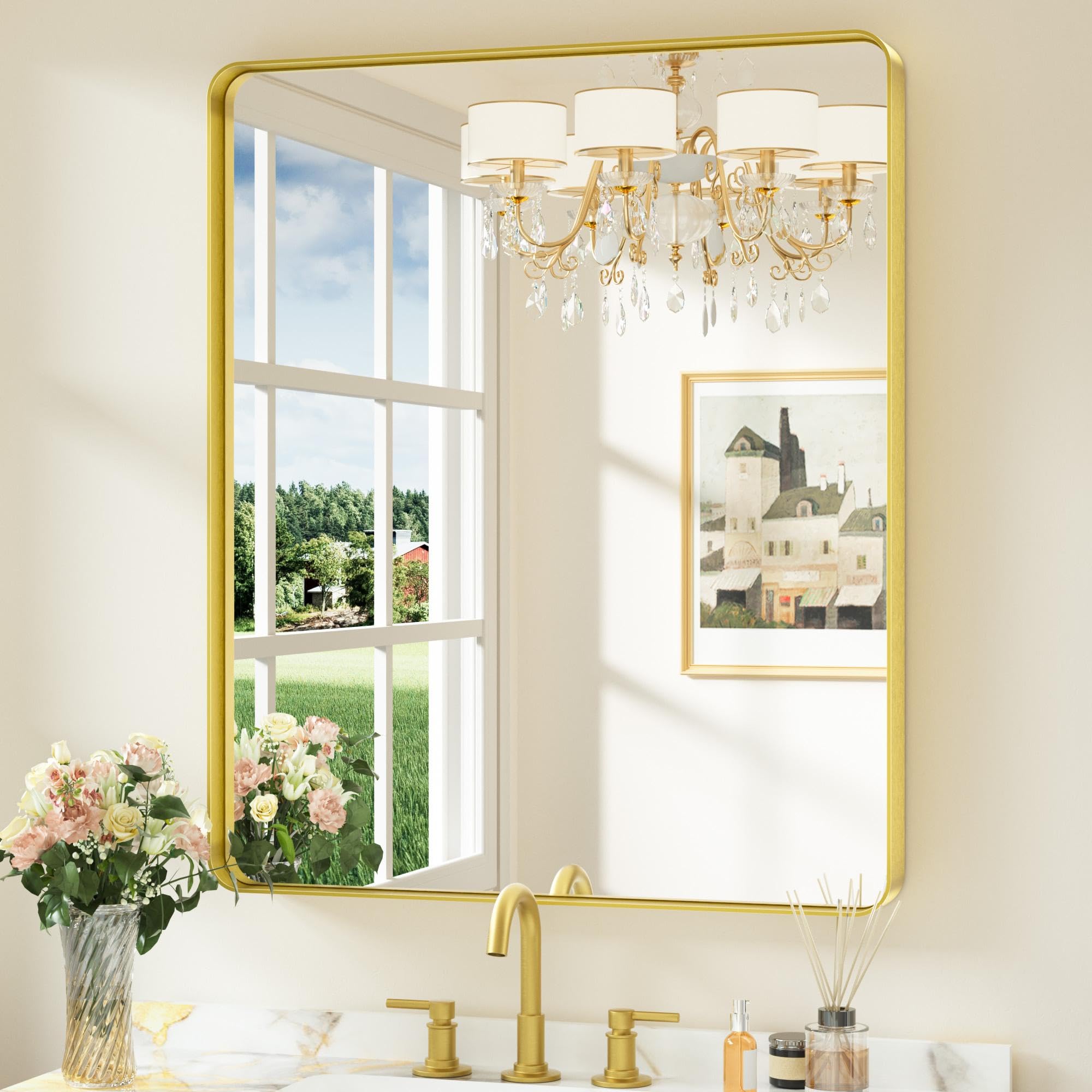 Keonjinn Badezimmerspiegel Schwarz/Gold/Nickel, Wandspiegel Badspiegel mit Metallrahmen, Gehärtetes Glas Rechteckiger Spiegel Flur für Badezimmer, Wohnzimmer, Schlafzimmer, Wanddekoration