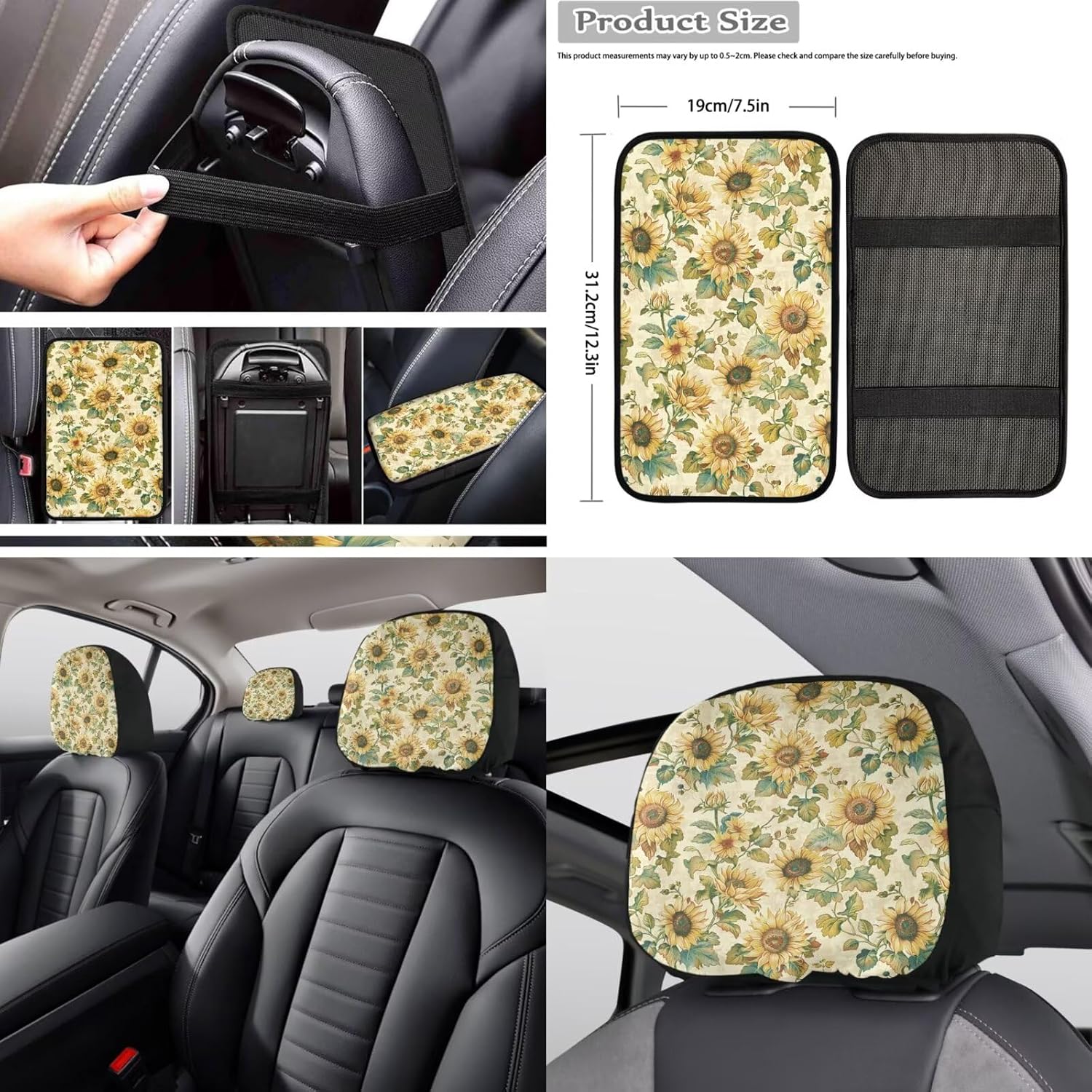 Coldinair Vintage Sunflower 16 Pack Car Seat Cover Full Set with Non Slip Steering Wheel Covers+Center Console Pad Decorative Auto Interior Accessories for SUV Truck Sedan image 4