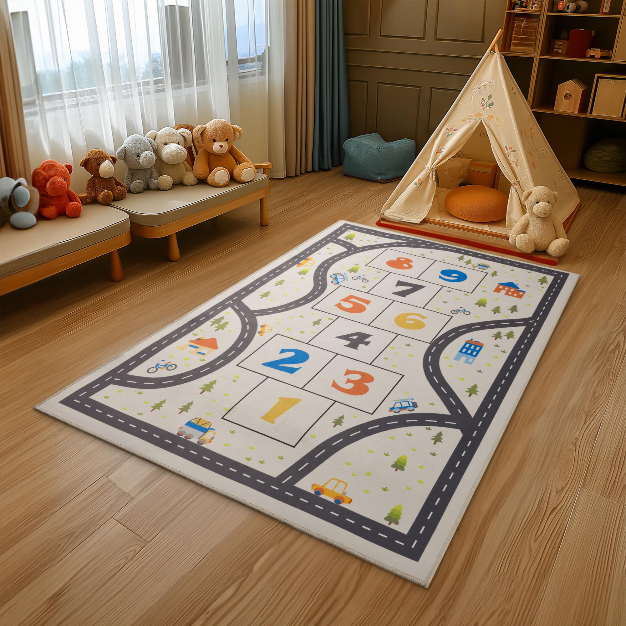 Navaris Alfombra Infantil Habitacion - Alfombra Niños Habitacion 120x160cm - Alfombra Juegos Rayuela con Carreteras - Alfombra Carretera Infantil Antideslizante - Alfombra Rayuela