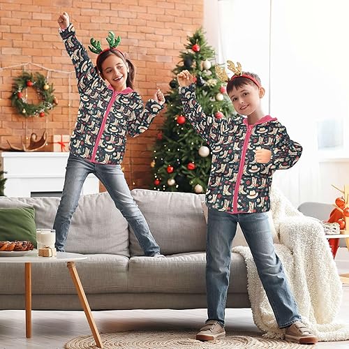 Aflyko Christmas Girls Fleece Coat Xmas Cowboy Hat Shoes Blue Zip-Up Hoodie Warm Outerwear Kids Hooded Jacket(3T)