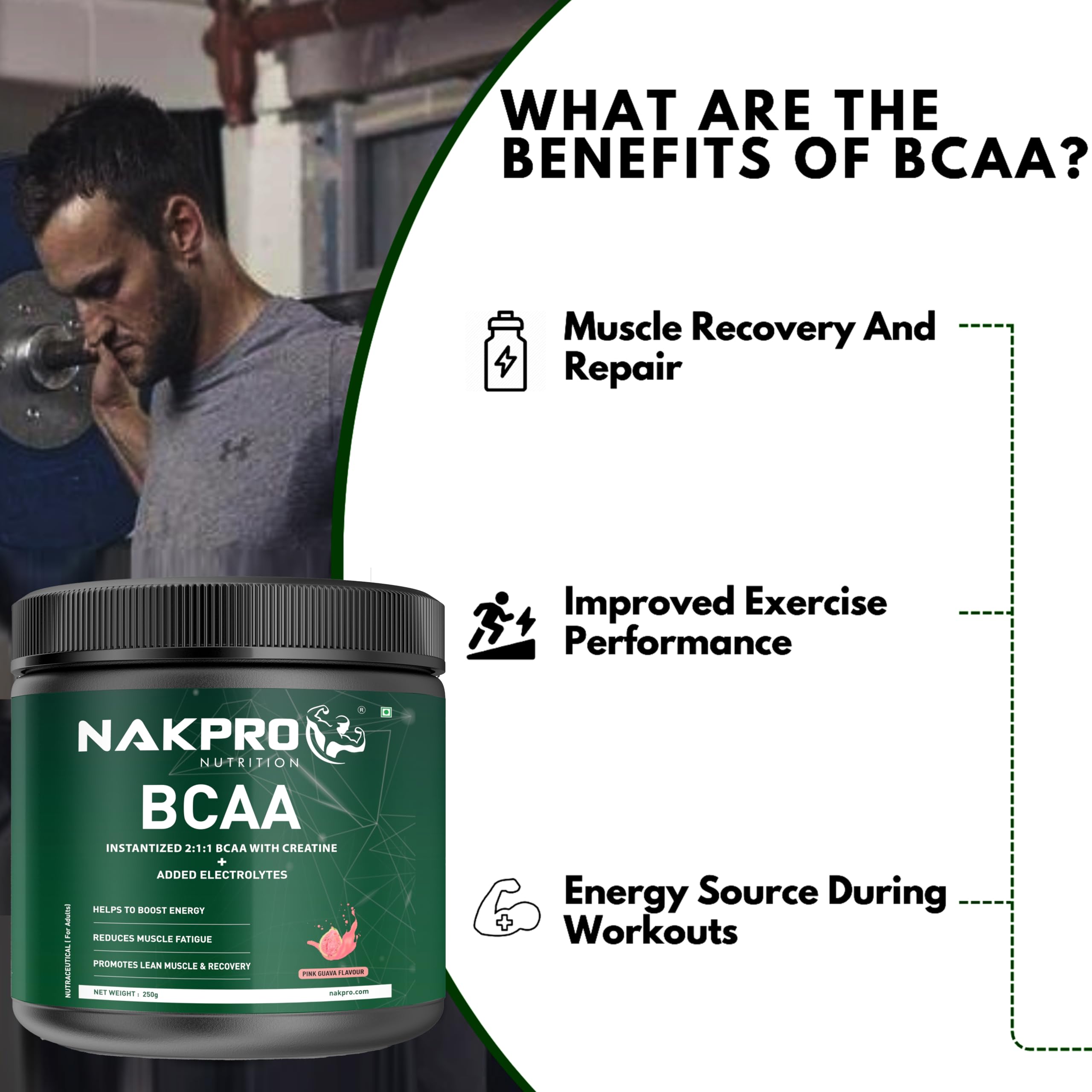 NAKPRO BCAA-Instantized 2:1:1,BCAA - Jar (31 Servings, 250g- (250 g, Pink Guva) - Image 4 thumbnail