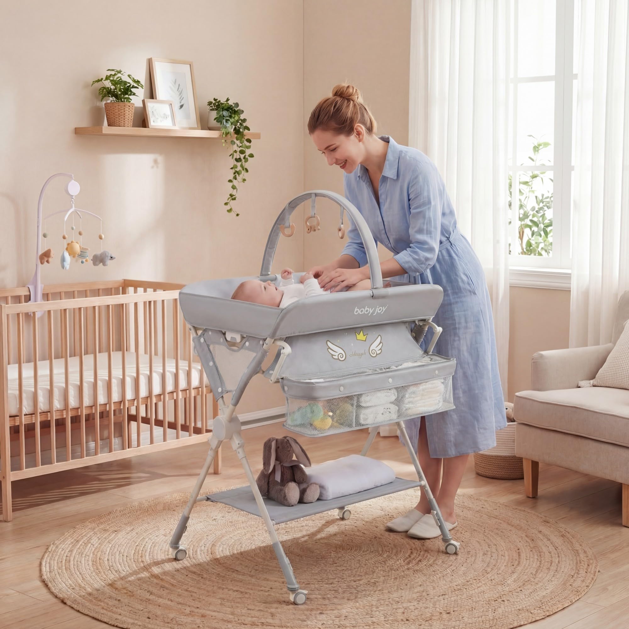 LIFEZEAL Table à Langer Pliante Réglable en Hauteur avec Rangements | Commode à Langer Portable pour Nouveau-nés et Nourrissons 0-12 Mois avec Roulettes Freinées, Arche de Jeux et Charge 25 KG