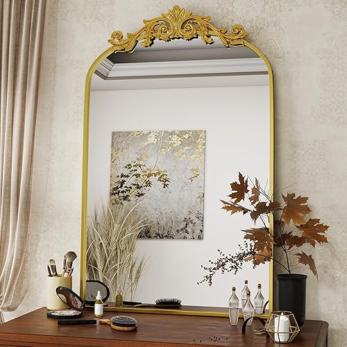 Miniatura 15 de VooBang Espejo de baño vintage arqueado de 26 x 38 pulgadas, magnífico espejo de tocador de pared con hermoso marco retro de proceso de grabado