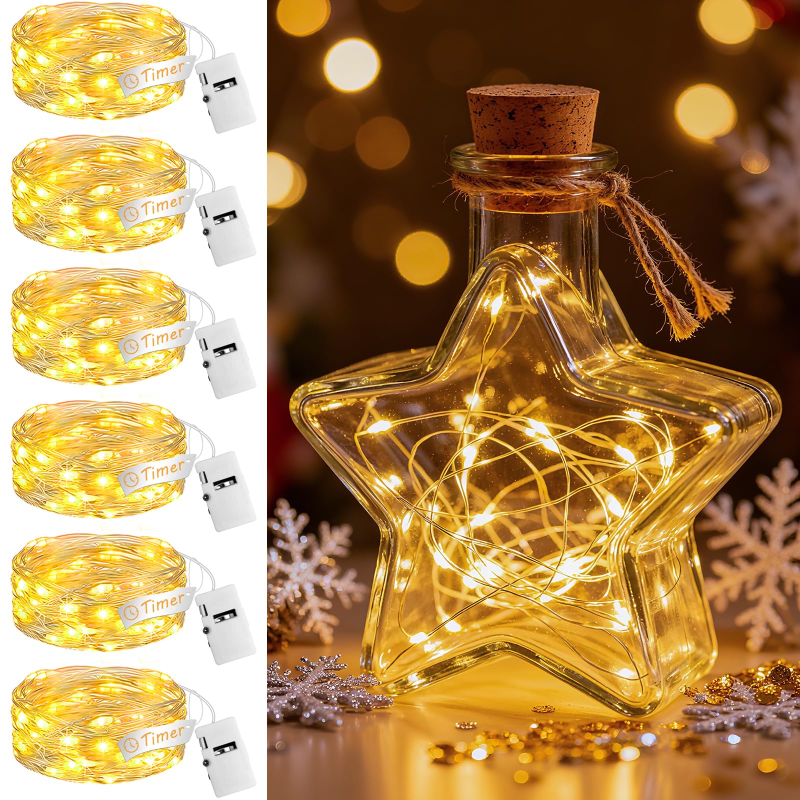 6Pack Fairy Lights with Timer, 7ft 20 LED Twinkle Light Battery Operated 3 Modes, Mini String Lights for Christmas Trees Wreath Party DIY Mason Jars Bottles Decor, Warm White