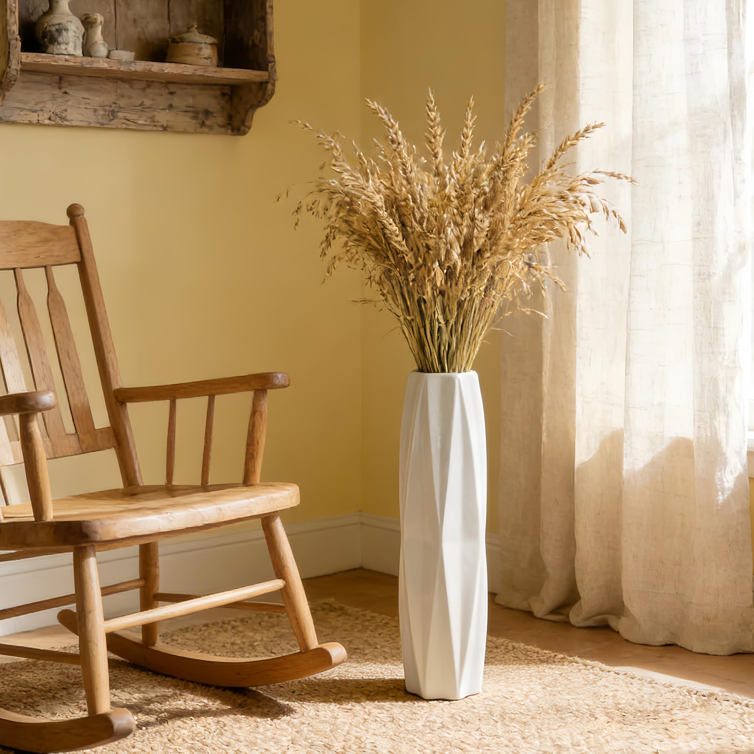 24" Weißer Keramik Bodenvasen 60cm, Große Dekorative Blumenvasen für Wohnzimmer, Schlafzimmer und Büro, Modernes Wohnaccessoire, Glänzende Glasur